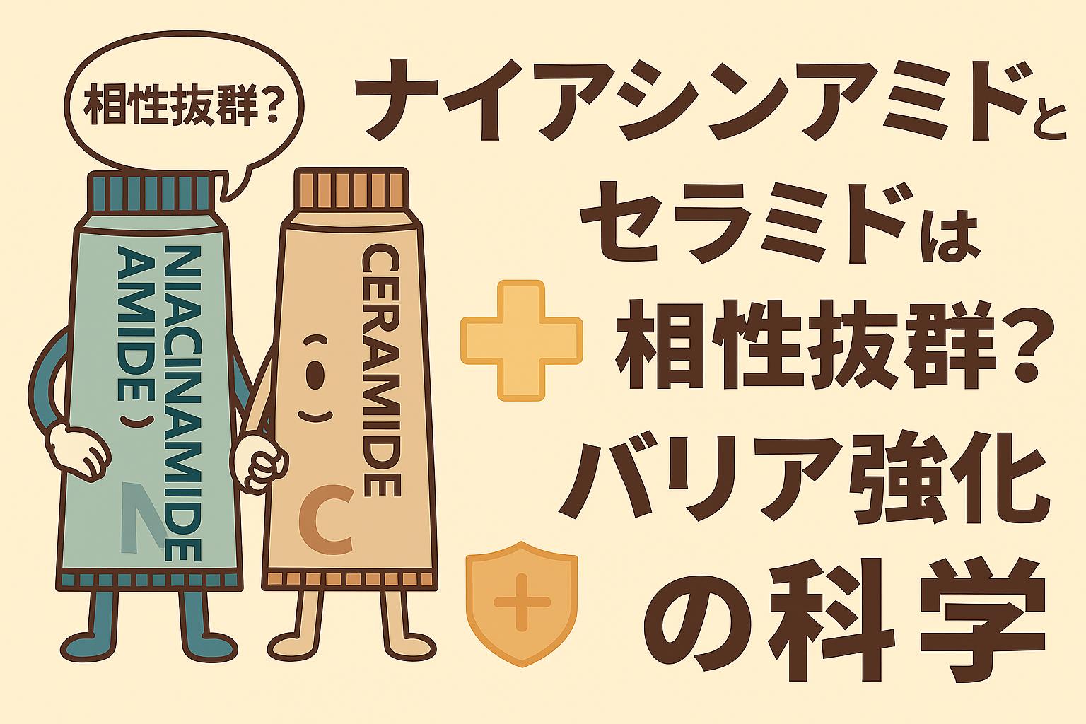 ナイアシンアミドとセラミドのチューブが擬人化され、仲良く並んで「相性抜群？」と問いかけるシーン。背景にはバリア機能を象徴するシールドアイコンとプラス記号が描かれ、右側には「ナイアシンアミドとセラミドは相性抜群？バリア強化の科学」と表示された、成分の相性をテーマにしたフラットイラストのアイキャッチ画像。