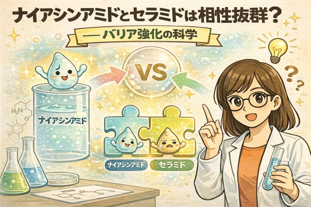ナイアシンアミドとセラミドの相性が良い理由を、肌バリア強化の科学として解説したイラスト。実験器具と擬人化されたナイアシンアミド、セラミドのキャラクターを用い、2つの成分がパズルのように組み合わさって肌バリアを支える様子を、白衣の女性が説明している。