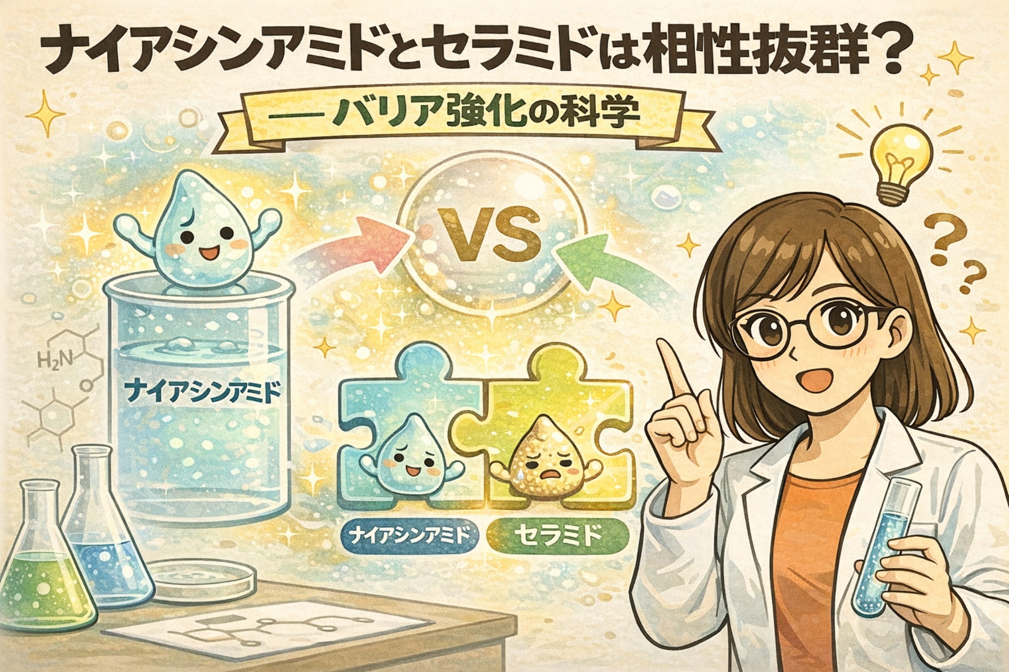 ナイアシンアミドとセラミドの相性が良い理由を、肌バリア強化の科学として解説したイラスト。実験器具と擬人化されたナイアシンアミド、セラミドのキャラクターを用い、2つの成分がパズルのように組み合わさって肌バリアを支える様子を、白衣の女性が説明している。