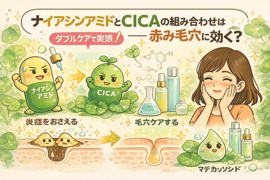 ナイアシンアミドとCICA（ツボクサエキス）の組み合わせが赤み毛穴にどう働くかを解説するイラスト。炎症を抑えるナイアシンアミドと、肌を落ち着かせるCICAを擬人化して対比し、毛穴の赤みが整っていく断面図と、スキンケア後に安心した表情の女性を描いている。