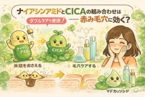 ナイアシンアミドとCICA（ツボクサエキス）の組み合わせが赤み毛穴にどう働くかを解説するイラスト。炎症を抑えるナイアシンアミドと、肌を落ち着かせるCICAを擬人化して対比し、毛穴の赤みが整っていく断面図と、スキンケア後に安心した表情の女性を描いている。