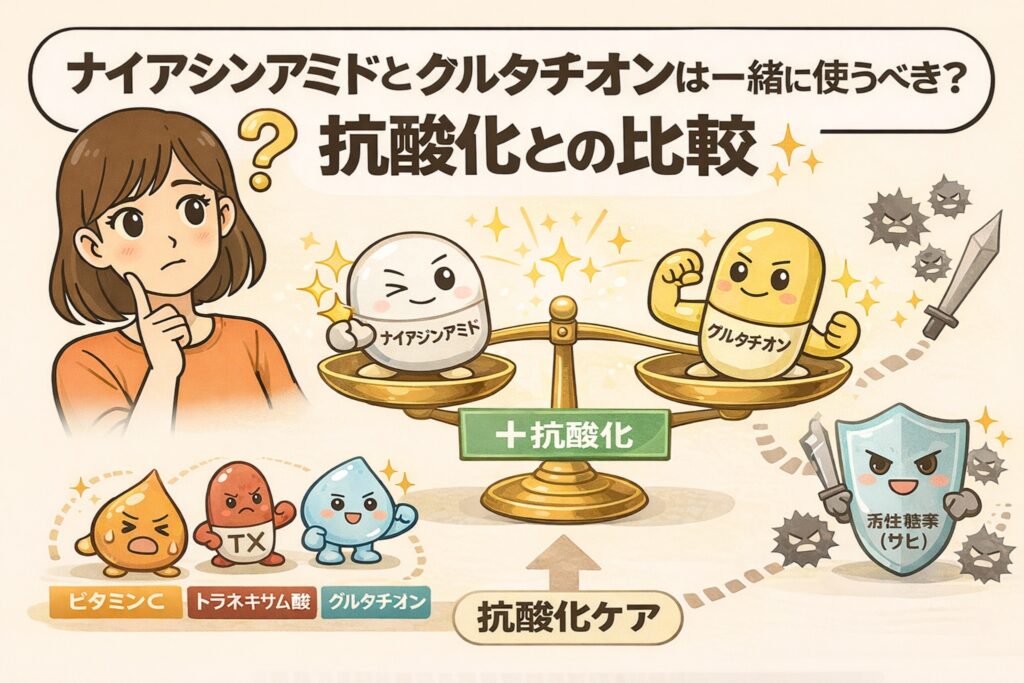 ナイアシンアミドとグルタチオンを抗酸化の観点から比較した図解イラスト。両成分の役割や併用可否を天秤のモチーフで表現し、ビタミンCやトラネキサム酸など他の抗酸化成分との関係も、擬人化キャラクターを用いてわかりやすく示している。