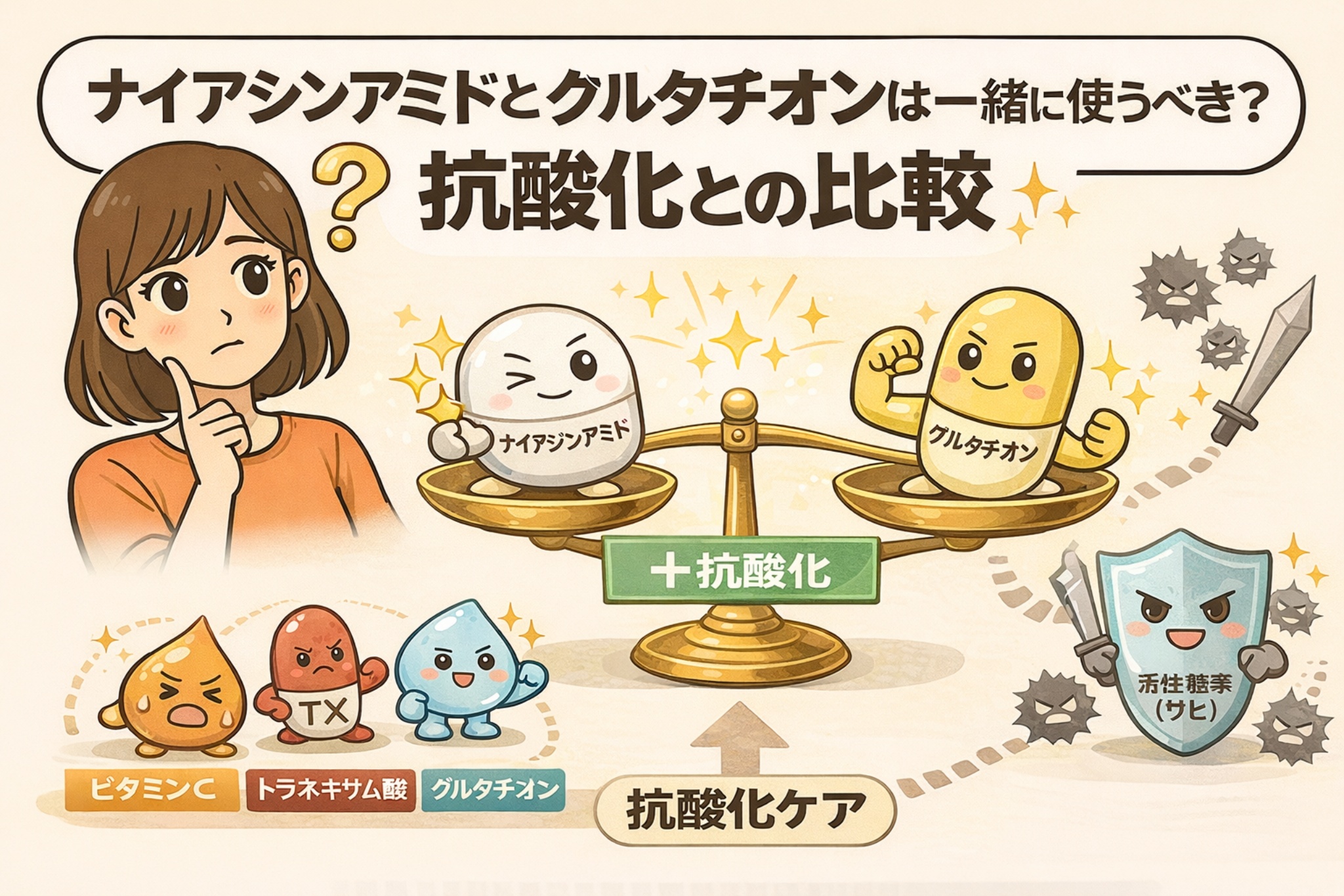 ナイアシンアミドとグルタチオンを抗酸化の観点から比較した図解イラスト。両成分の役割や併用可否を天秤のモチーフで表現し、ビタミンCやトラネキサム酸など他の抗酸化成分との関係も、擬人化キャラクターを用いてわかりやすく示している。