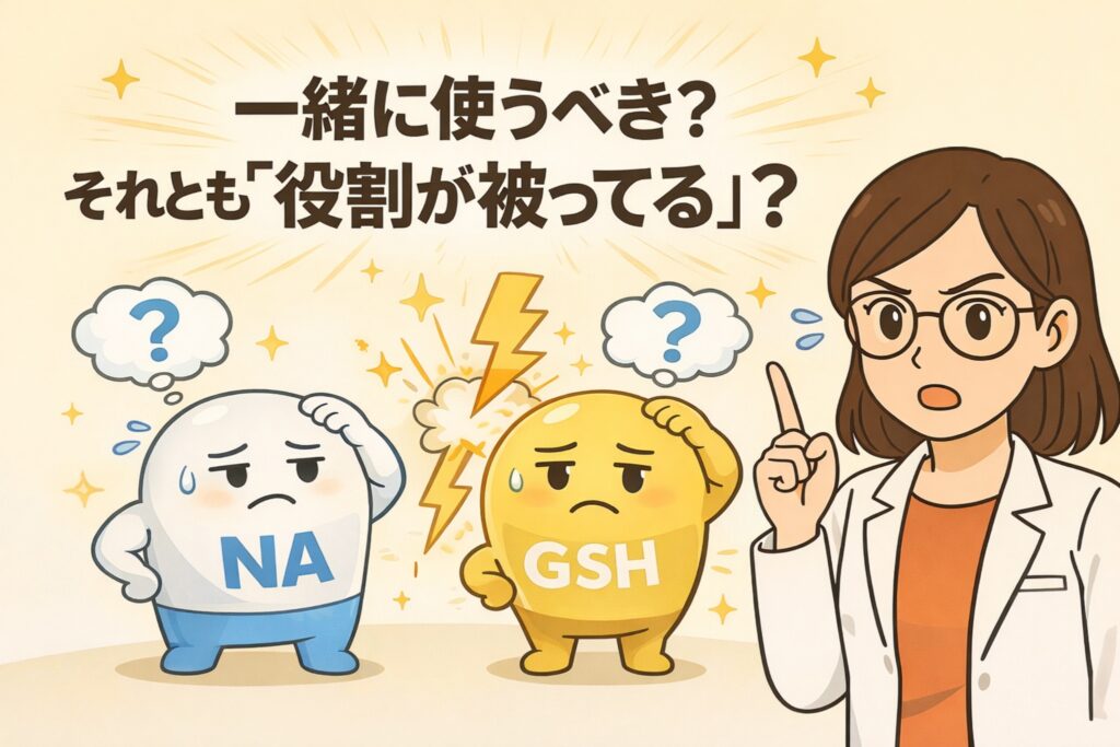 ナイアシンアミド（NA）とグルタチオン（GSH）を一緒に使うべきか、それとも役割が被っているのかを考える図解イラスト。中央ではNAとGSHの擬人化キャラクターが雷マークを挟んで並び、互いに戸惑った表情をしている。右側には白衣を着た専門家の女性が指を立てて解説しており、「一緒に使うべき？それとも役割が被ってる？」という問いが提示されている。成分の機能重複や併用設計を見直す重要性を直感的に伝える構成になっている。