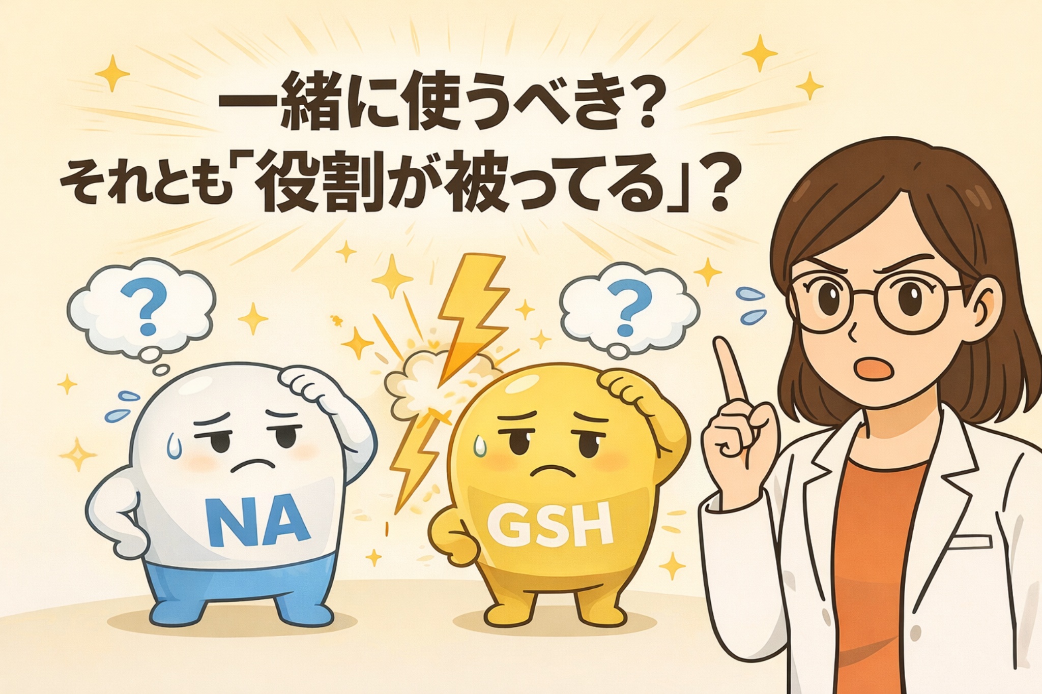 ナイアシンアミド（NA）とグルタチオン（GSH）を一緒に使うべきか、それとも役割が被っているのかを考える図解イラスト。中央ではNAとGSHの擬人化キャラクターが雷マークを挟んで並び、互いに戸惑った表情をしている。右側には白衣を着た専門家の女性が指を立てて解説しており、「一緒に使うべき？それとも役割が被ってる？」という問いが提示されている。成分の機能重複や併用設計を見直す重要性を直感的に伝える構成になっている。