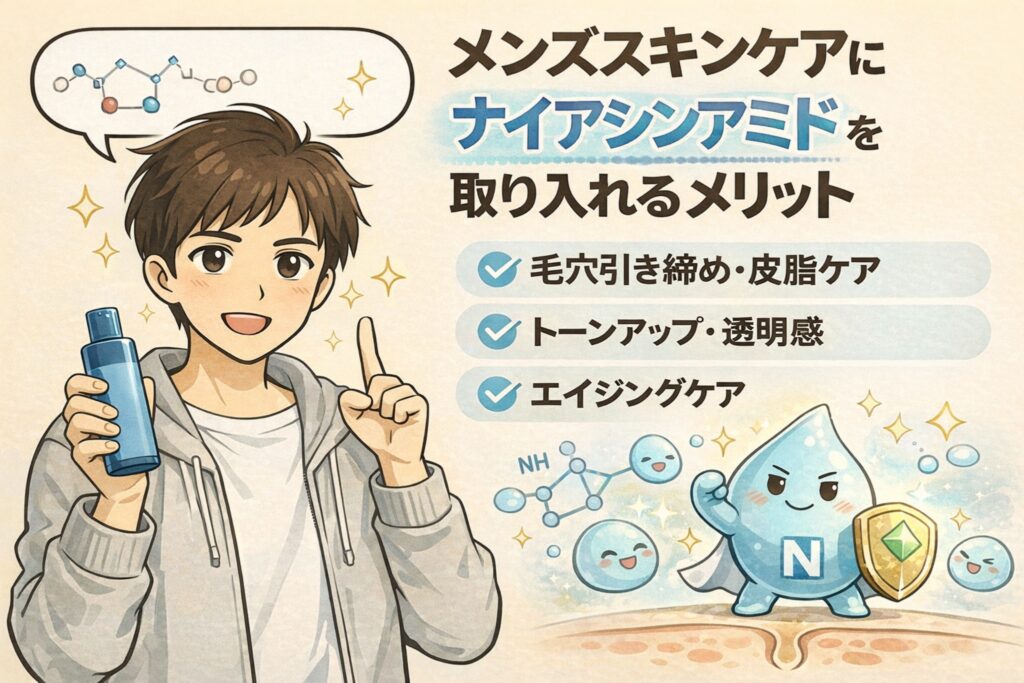 メンズスキンケアにナイアシンアミドを取り入れるメリットを解説するイラスト。化粧水ボトルを持つ男性とともに、ナイアシンアミド成分を擬人化したキャラクターが登場し、毛穴引き締め・皮脂ケア、トーンアップ・透明感、エイジングケアといった効果をチェック形式で分かりやすく示している構図。