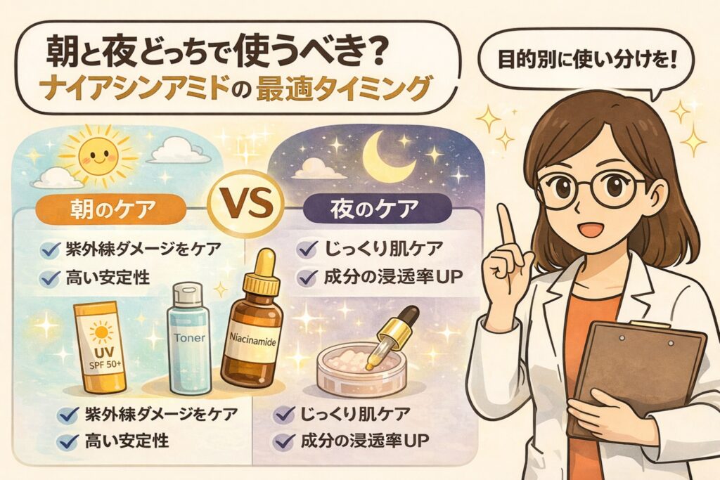 ナイアシンアミドは朝と夜どちらで使うべきかを解説する図解イラスト。左側は朝のケアとして、紫外線ダメージ対策や安定性の高さを示し、日焼け止めや化粧水、ナイアシンアミド美容液が描かれている。右側は夜のケアとして、じっくり肌を整え成分の浸透率が高まる様子を表現している。白衣の女性が指差しで説明し、目的別に朝夜で使い分ける重要性を視覚的に伝えるビジュアル。
