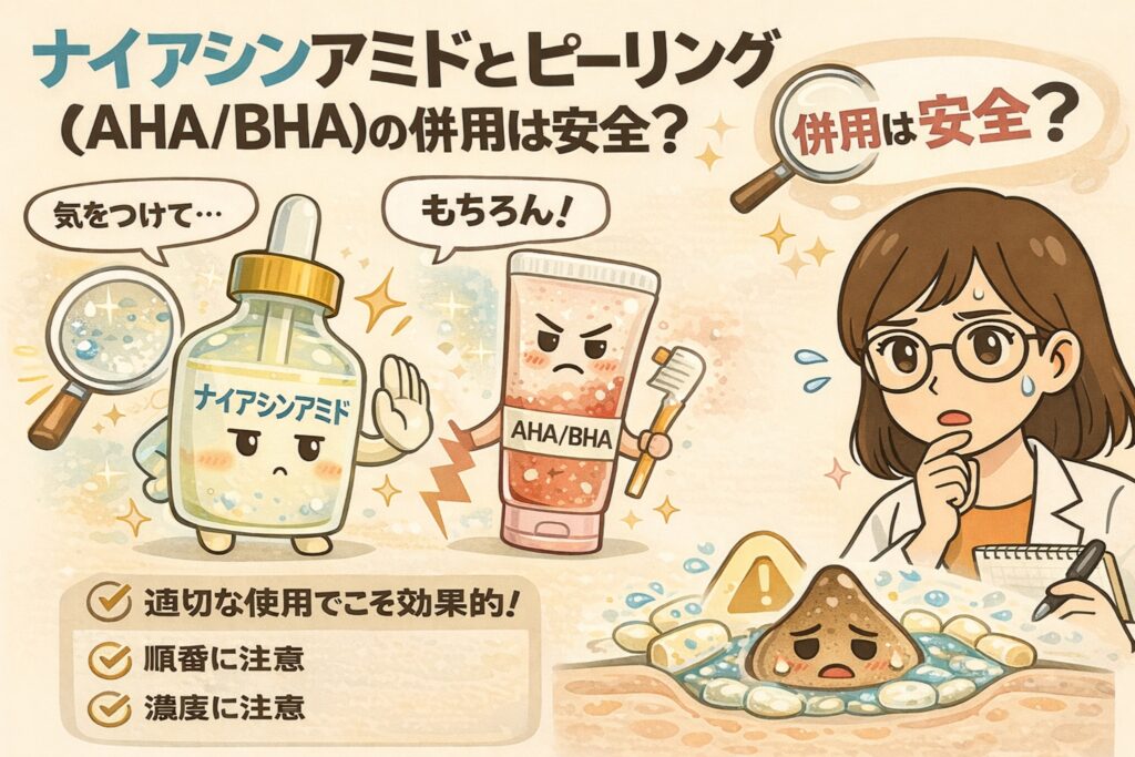 ナイアシンアミドとピーリング成分（AHA／BHA）の併用が安全かどうかを解説した図解イラスト。適切な使用順・濃度・頻度に注意することで効果的に使える一方、刺激が強くなりやすい点を毛穴断面図と成分の擬人化で示している。