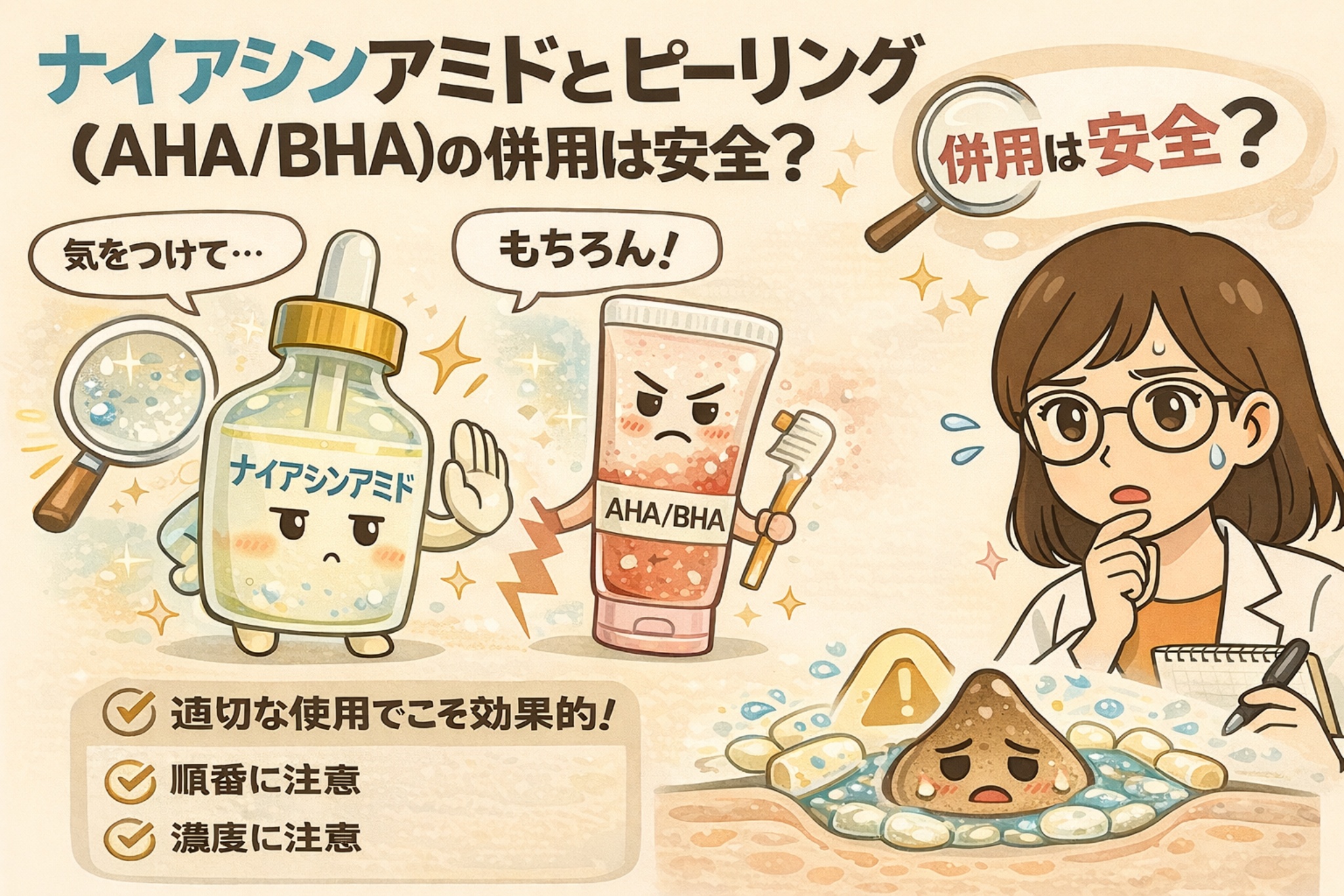 ナイアシンアミドとピーリング成分（AHA／BHA）の併用が安全かどうかを解説した図解イラスト。適切な使用順・濃度・頻度に注意することで効果的に使える一方、刺激が強くなりやすい点を毛穴断面図と成分の擬人化で示している。
