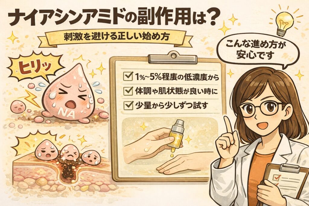 ナイアシンアミドの副作用と安全な使い始め方を解説する図解イラスト。「ナイアシンアミドの副作用は？」という見出しのもと、刺激を感じてヒリヒリする擬人化ナイアシンアミド成分や、毛穴断面で起こる刺激反応が描かれている。中央にはチェックリスト形式で「1〜5％程度の低濃度から」「体調や肌状態が良い時に」「少量から少しずつ試す」といった安全な導入手順が示され、右側では白衣と眼鏡の女性が安心できる進め方を説明している。