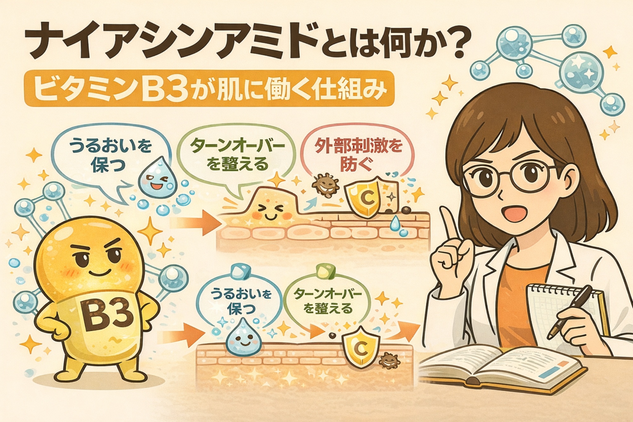 ナイアシンアミド（ビタミンB3）が肌に働く仕組みを解説した図解イラスト。うるおいを保つ、ターンオーバーを整える、外部刺激を防ぐといった作用を、成分の擬人化キャラクターと皮膚構造図、専門家の解説でわかりやすく示している。