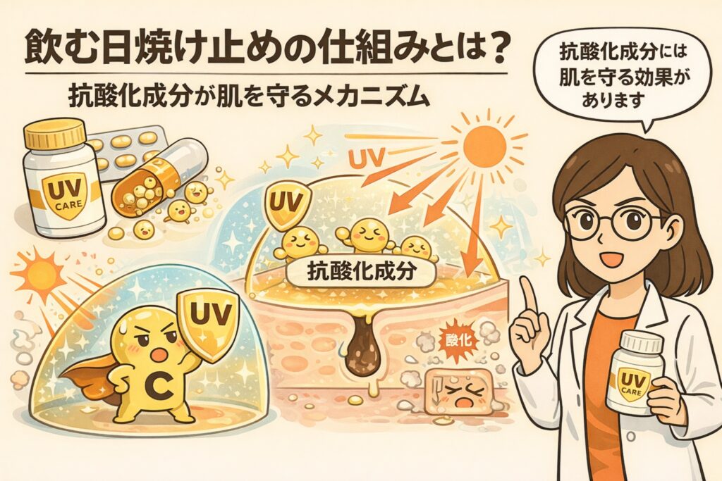 飲む日焼け止めの仕組みを解説する図解イラスト。抗酸化成分が体内から肌を守り、紫外線による酸化ダメージを抑えるメカニズムを、毛穴断面図やキャラクター表現、白衣の女性の説明で示している。