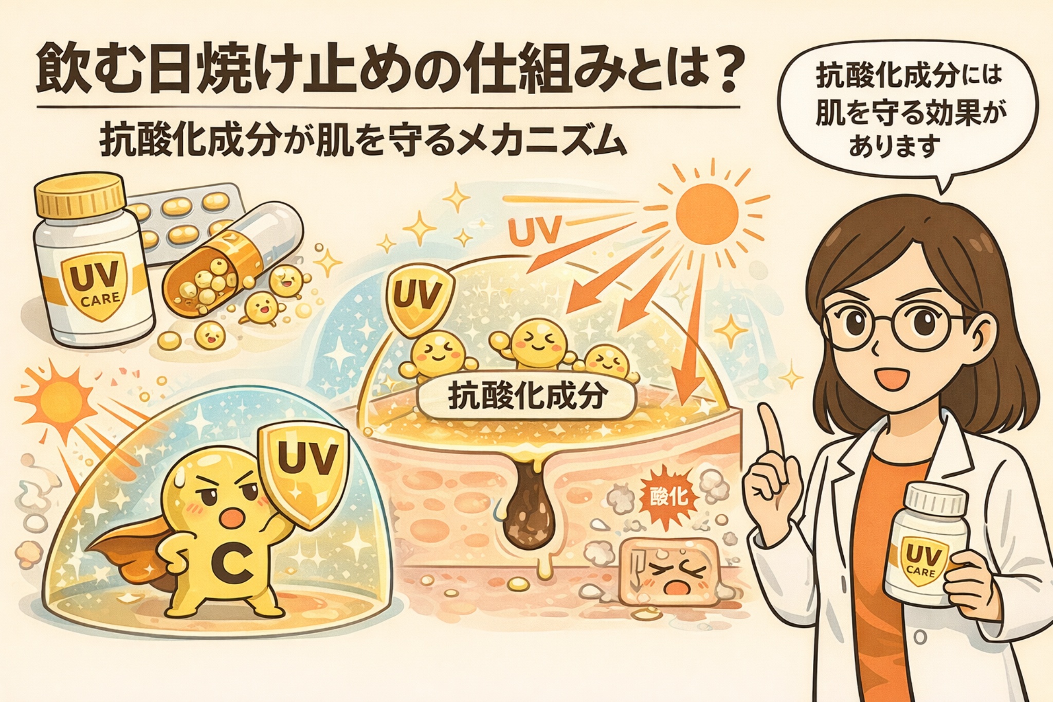 飲む日焼け止めの仕組みを解説する図解イラスト。抗酸化成分が体内から肌を守り、紫外線による酸化ダメージを抑えるメカニズムを、毛穴断面図やキャラクター表現、白衣の女性の説明で示している。