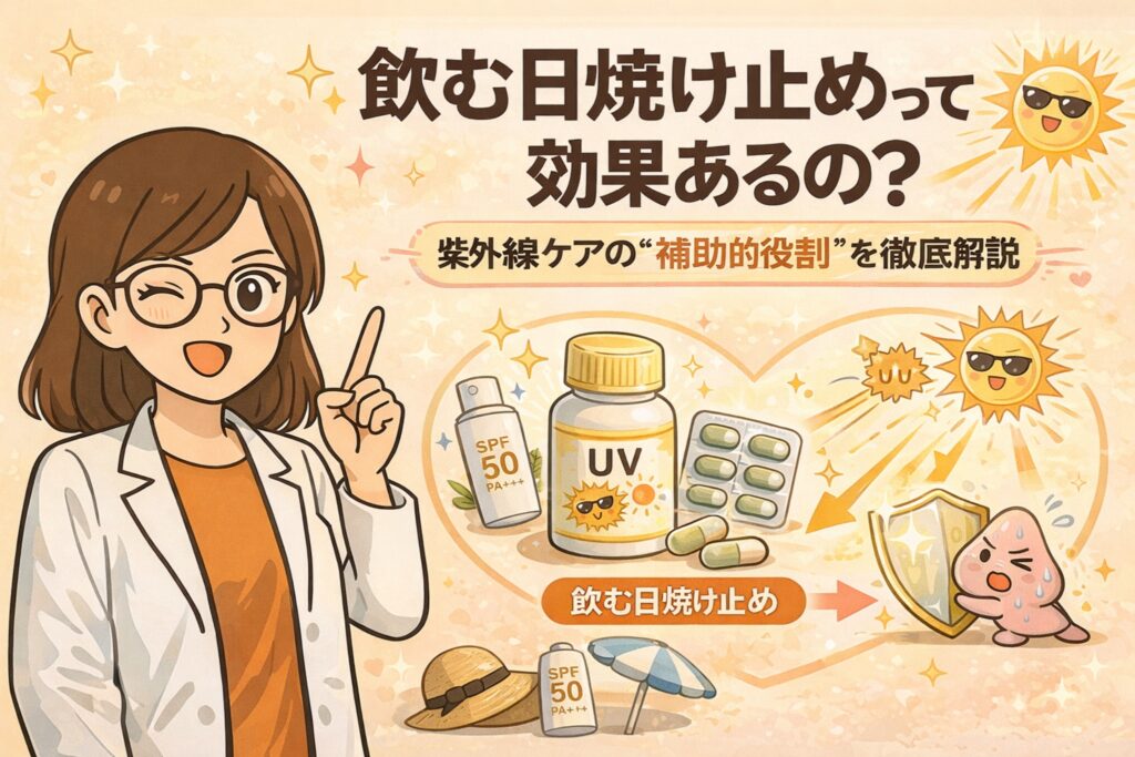 飲む日焼け止めに効果があるのかを解説するイラスト。塗る日焼け止め（SPF50+）と併用することで、紫外線ダメージを補助的にサポートする役割を持つことを、サプリメントや盾のモチーフ、白衣の女性解説キャラクターが分かりやすく説明している。