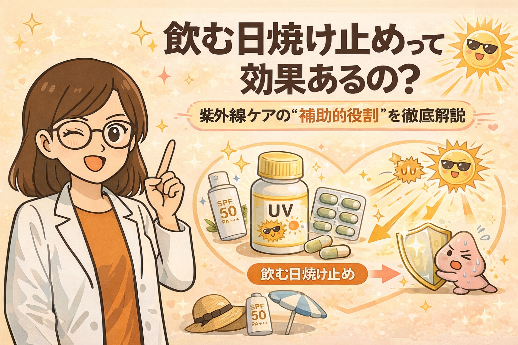 飲む日焼け止めに効果があるのかを解説するイラスト。塗る日焼け止め（SPF50+）と併用することで、紫外線ダメージを補助的にサポートする役割を持つことを、サプリメントや盾のモチーフ、白衣の女性解説キャラクターが分かりやすく説明している。
