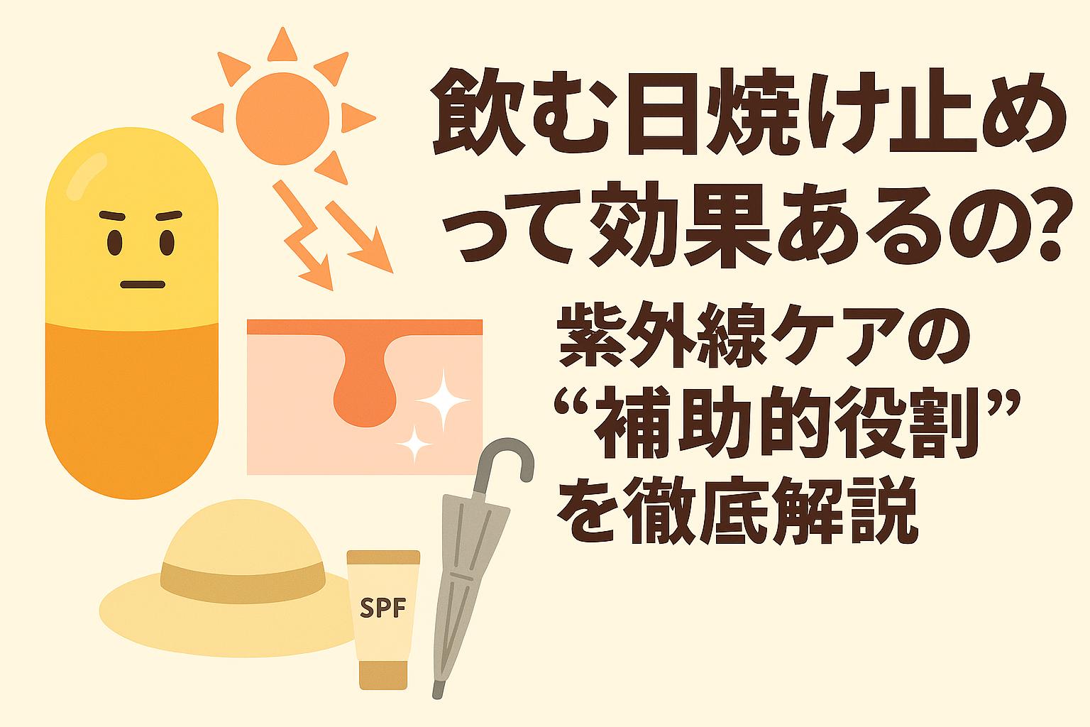 飲む日焼け止めを擬人化したカプセルと紫外線を示す太陽アイコン、さらに帽子・日傘・日焼け止めクリームと肌断面図が並ぶイラスト。「飲む日焼け止めって効果あるの？紫外線ケアの補助的役割を徹底解説」と描かれたアイキャッチデザイン。