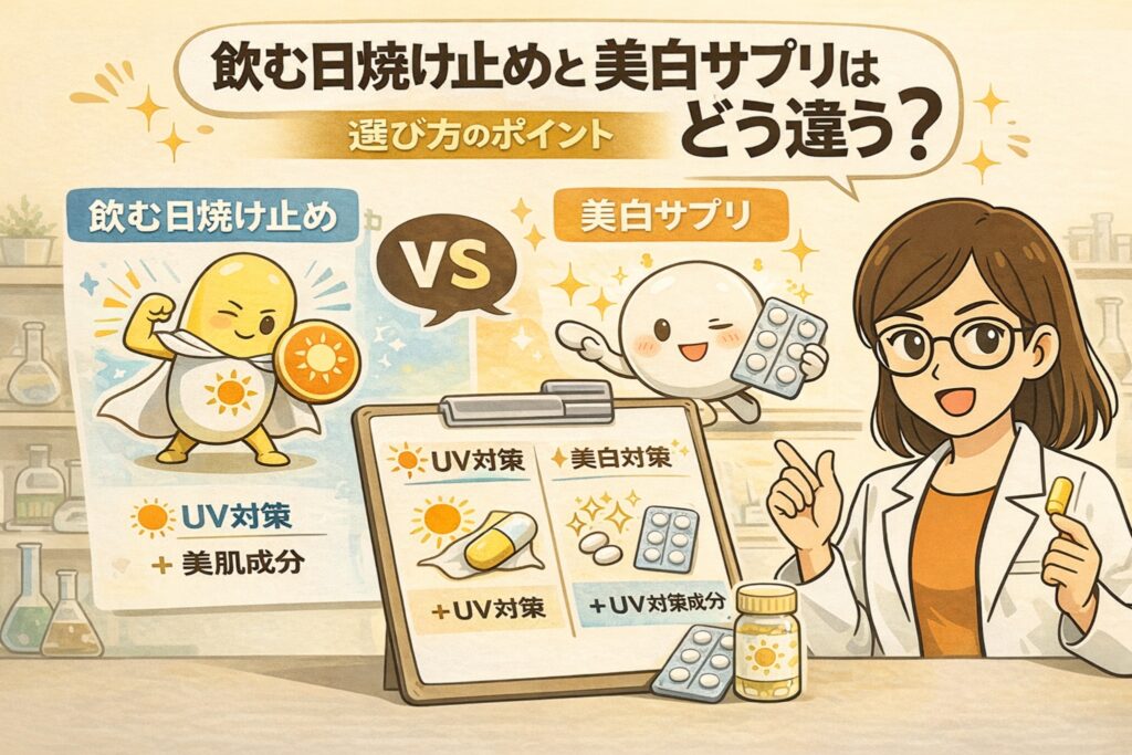 飲む日焼け止めと美白サプリの違いを比較解説するイラスト。飲む日焼け止めはUV対策を主目的とし、美白サプリは美白ケアを中心に設計されている点を、キャラクター比較とチェックボード形式で白衣の女性解説者が分かりやすく説明している。