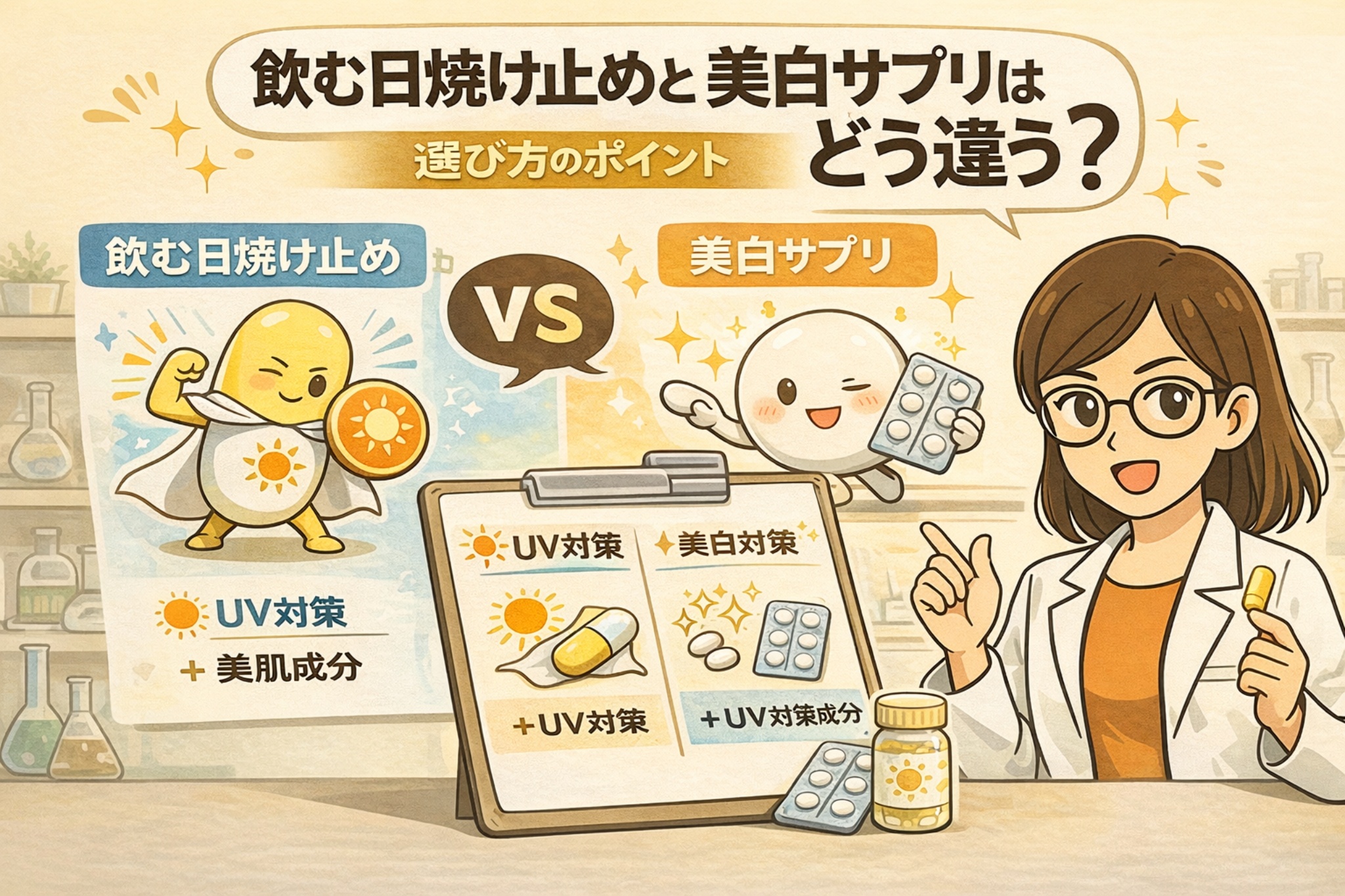 飲む日焼け止めと美白サプリの違いを比較解説するイラスト。飲む日焼け止めはUV対策を主目的とし、美白サプリは美白ケアを中心に設計されている点を、キャラクター比較とチェックボード形式で白衣の女性解説者が分かりやすく説明している。
