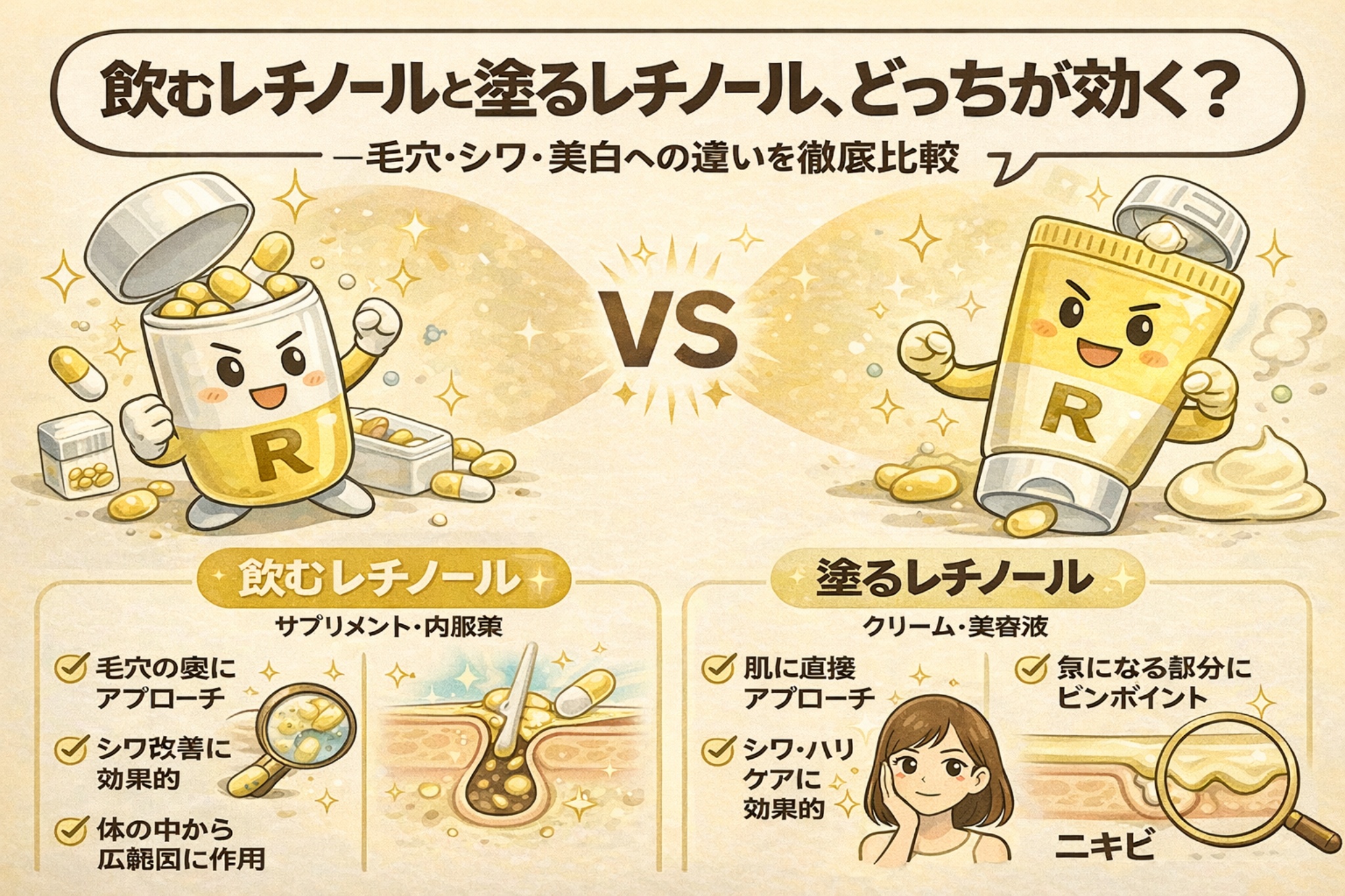 飲むレチノール(サプリメント・内服)と塗るレチノール(クリーム・美容液)の違いを比較したイラスト。擬人化されたレチノール容器が対決構図で描かれ、飲むレチノールは体の内側から毛穴やシワへ広く作用する特徴、塗るレチノールは肌に直接塗布してシワ・ハリ・ニキビなど気になる部位に集中的にアプローチする特徴を、毛穴断面図とともに分かりやすく示している。