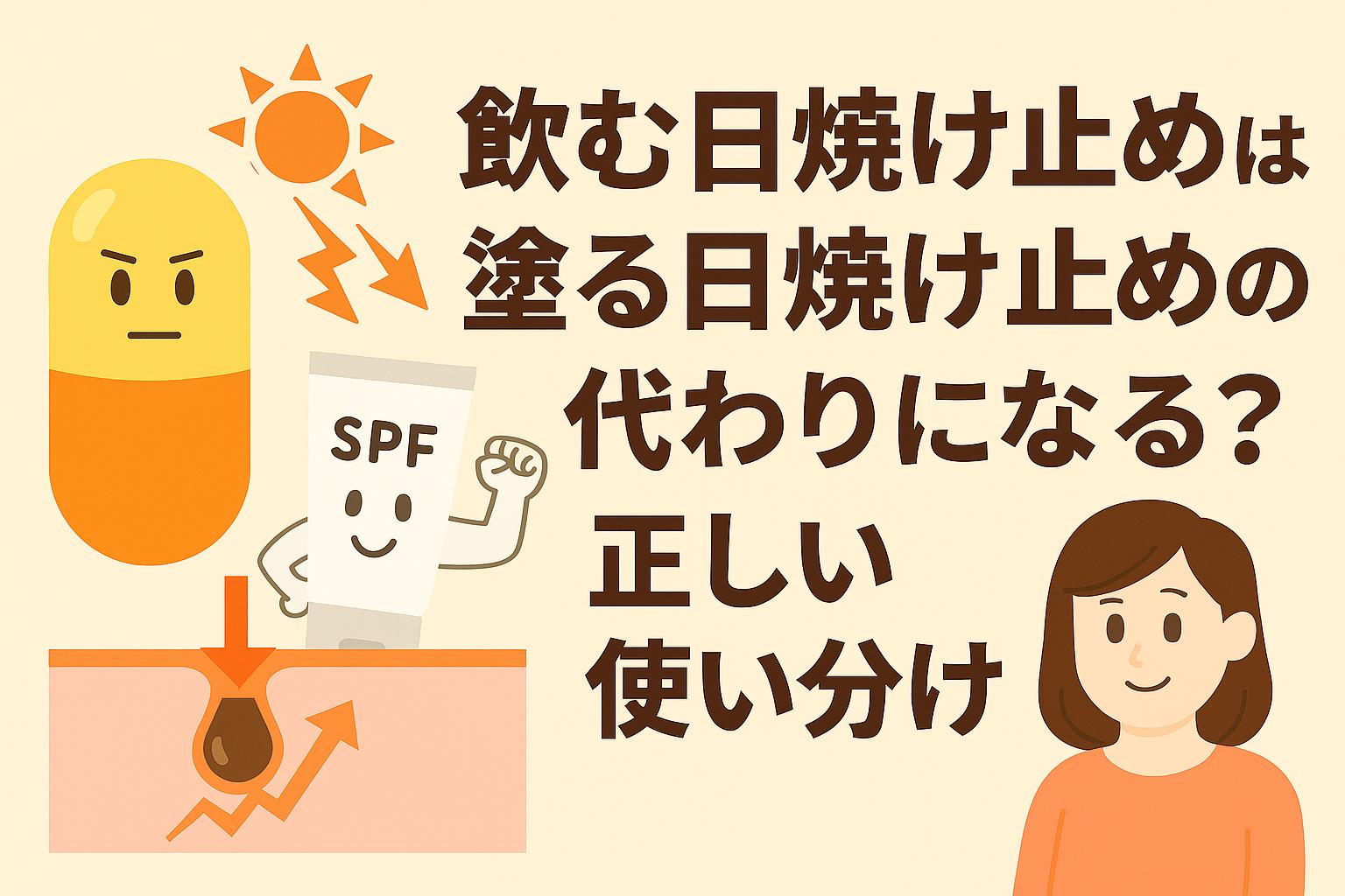 飲む日焼け止めのカプセルキャラと、SPFチューブを擬人化したキャラが並び、肌断面に「内側サポート」と「外側バリア」を示す矢印を描いたイラスト。「飲む日焼け止めは塗る日焼け止めの代わりになる？正しい使い分け方」と問いかけるアイキャッチデザイン。