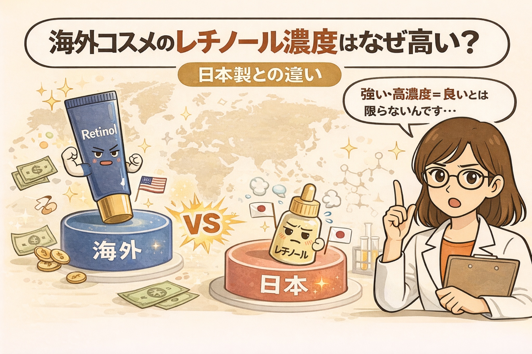 海外コスメのレチノール濃度が高い理由を、日本製との違いという視点で解説するイラスト。高濃度を強調する海外製レチノールと、穏やかな設計の日本製レチノールを台座で対比し、白衣姿の女性が「高濃度＝良いとは限らない」と注意点を説明している。