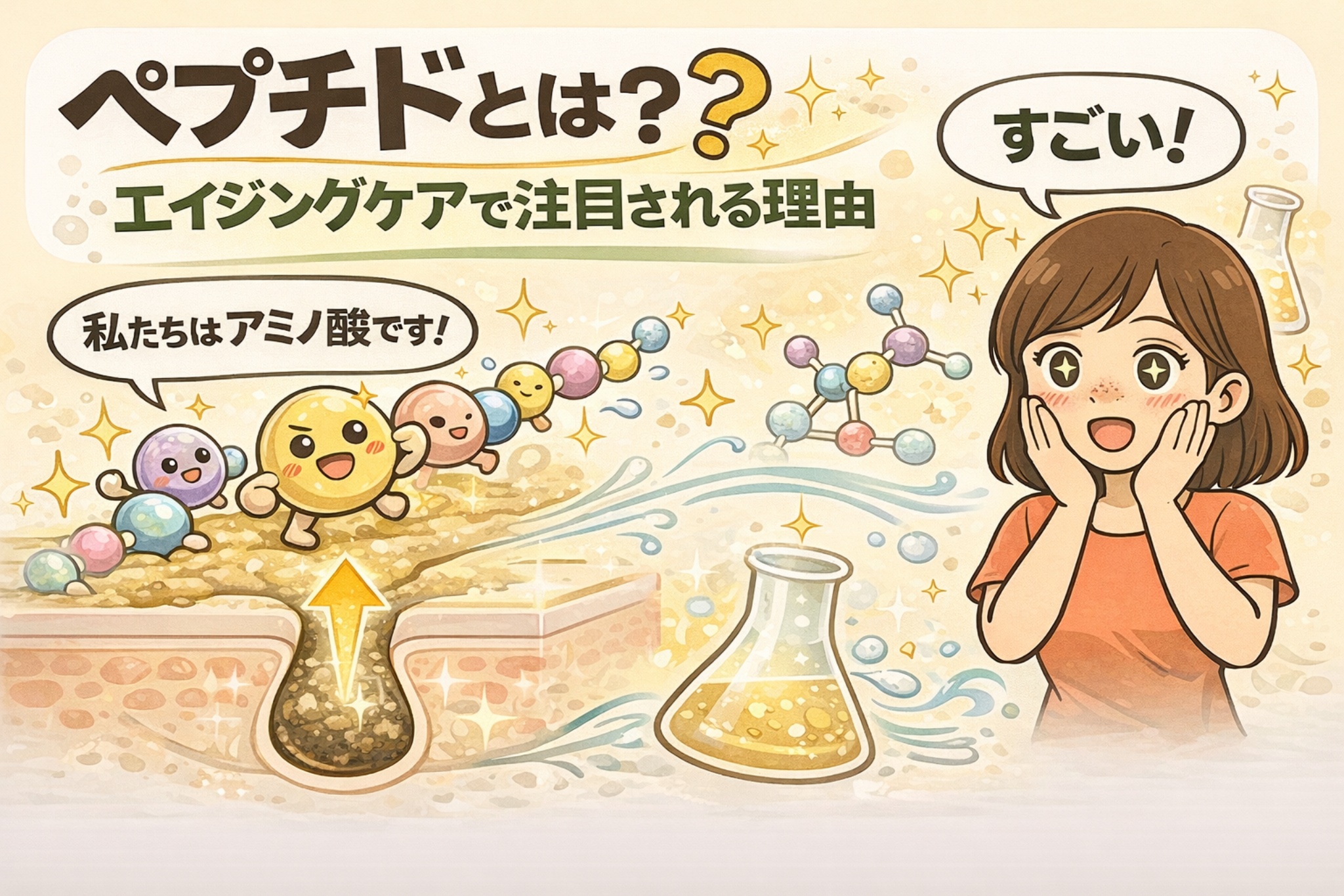 ペプチドとは何かをエイジングケア視点で解説するイラスト。アミノ酸が連なったペプチドを擬人化キャラクターで表現し、毛穴内部に働きかけて肌環境を整える仕組みを図解している。ペプチドがスキンケアで注目される理由を、実験器具や分子構造、驚く女性のリアクションとともにやさしく説明した美容成分解説画像。