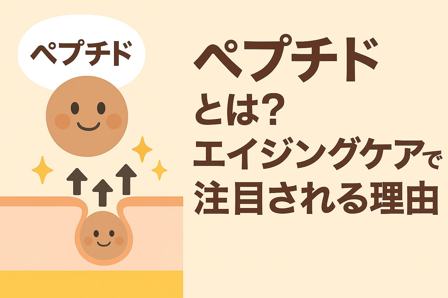 ペプチドを擬人化したキャラクターと肌断面図を描き、コラーゲン生成を促すイメージを表現したイラスト。右側に「ペプチドとは？エイジングケアで注目される理由」と太字タイトルを配置したアイキャッチ