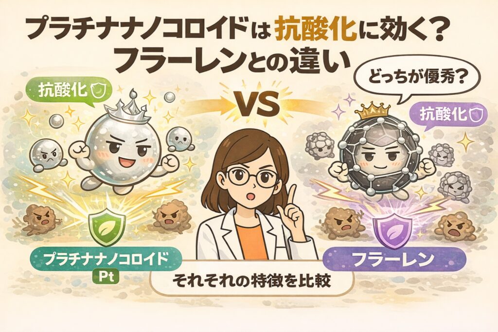 プラチナナノコロイドとフラーレンの抗酸化作用を比較したイラスト。中央で白衣の女性が解説し、左にプラチナナノコロイド、右にフラーレンを擬人化したキャラクターとそれぞれの特徴を対比している。