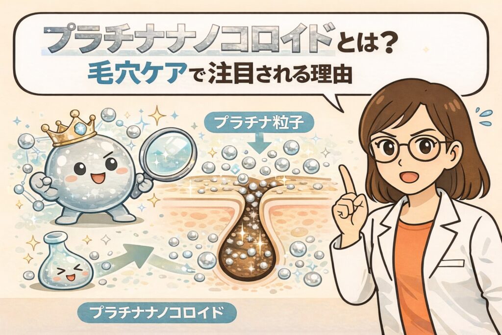 プラチナナノコロイドとは何かを毛穴ケア視点で解説するイラスト。王冠をかぶったプラチナ粒子のキャラクターと、白衣を着た女性が指差し解説を行い、毛穴断面にプラチナ粒子が広がる様子を描いている。プラチナ粒子とプラチナナノコロイドの違いを視覚的に示した構図。