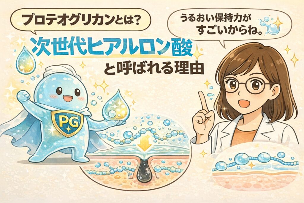 プロテオグリカンが「次世代ヒアルロン酸」と呼ばれる理由を解説したイラスト。保水力の高い成分を象徴するキャラクターが水分を抱え込み、毛穴断面図では水分保持ネットワークが肌内部まで広がる様子が描かれている。白衣と眼鏡の女性が、うるおい保持力の高さをわかりやすく説明している。