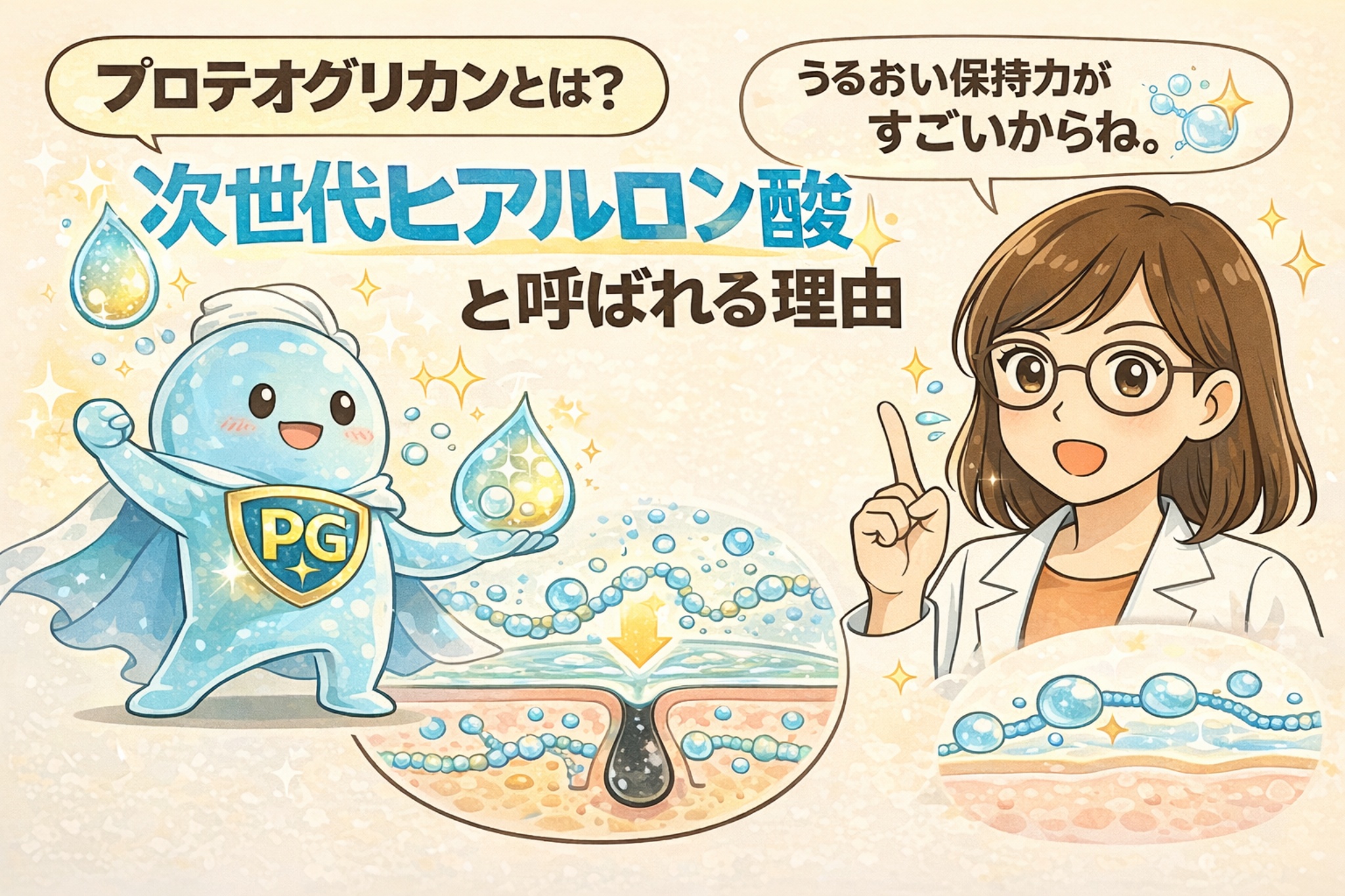 プロテオグリカンが「次世代ヒアルロン酸」と呼ばれる理由を解説したイラスト。保水力の高い成分を象徴するキャラクターが水分を抱え込み、毛穴断面図では水分保持ネットワークが肌内部まで広がる様子が描かれている。白衣と眼鏡の女性が、うるおい保持力の高さをわかりやすく説明している。