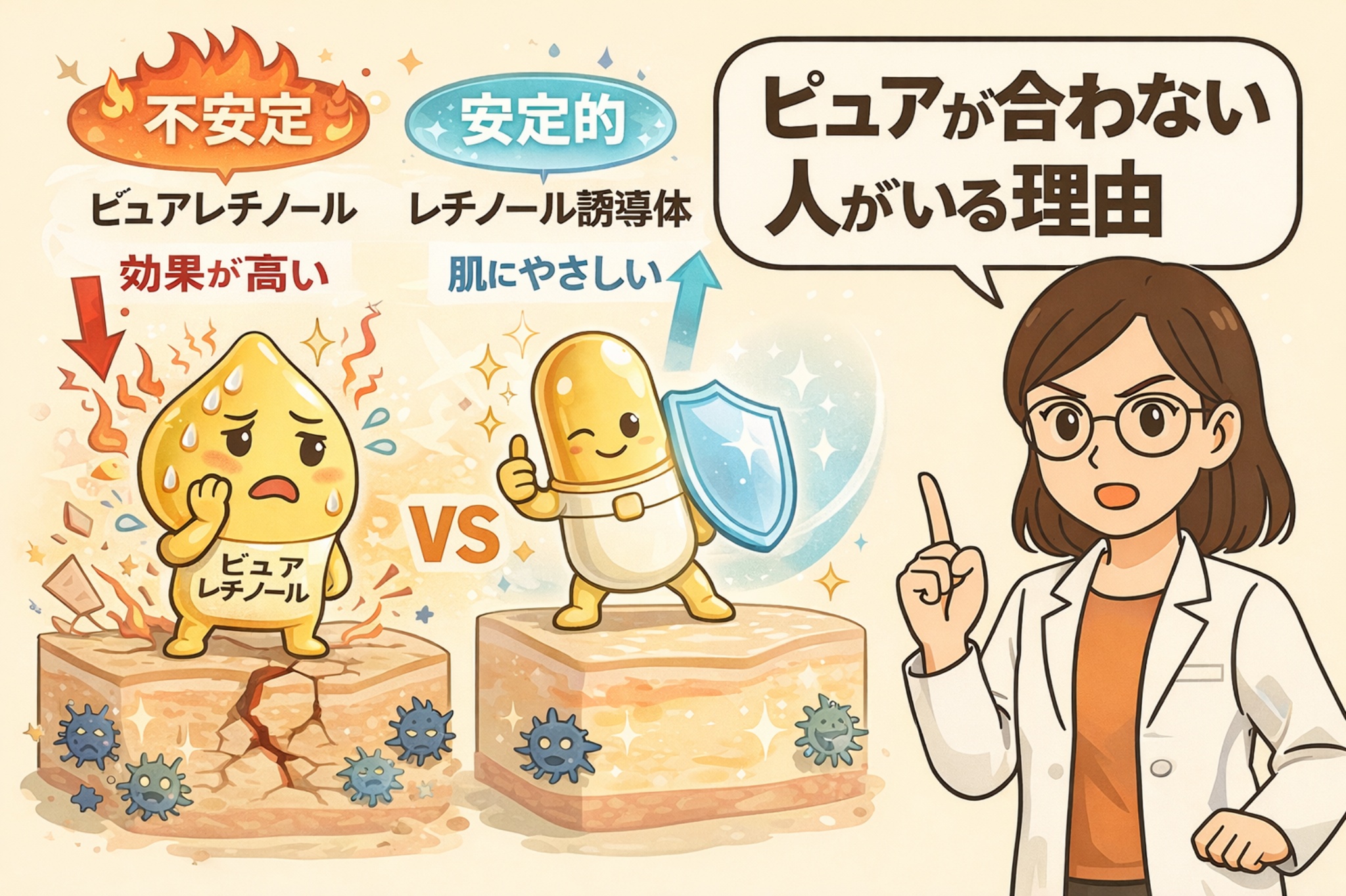 ピュアレチノールが合わない人がいる理由を、レチノールの種類の違いで比較した図解イラスト。左側は「不安定・効果が高い」とされるピュアレチノールが炎症や刺激に悩む様子で描かれ、右側は「安定的・肌にやさしい」レチノール誘導体が盾を持ち、穏やかな肌状態を保っている様子が描かれている。中央にはVS構図が配置され、右側では白衣を着た専門家が指を立てながら「ピュアが合わない人がいる理由」を解説している。レチノールの特性差と肌質による向き不向きを直感的に伝える構成になっている。