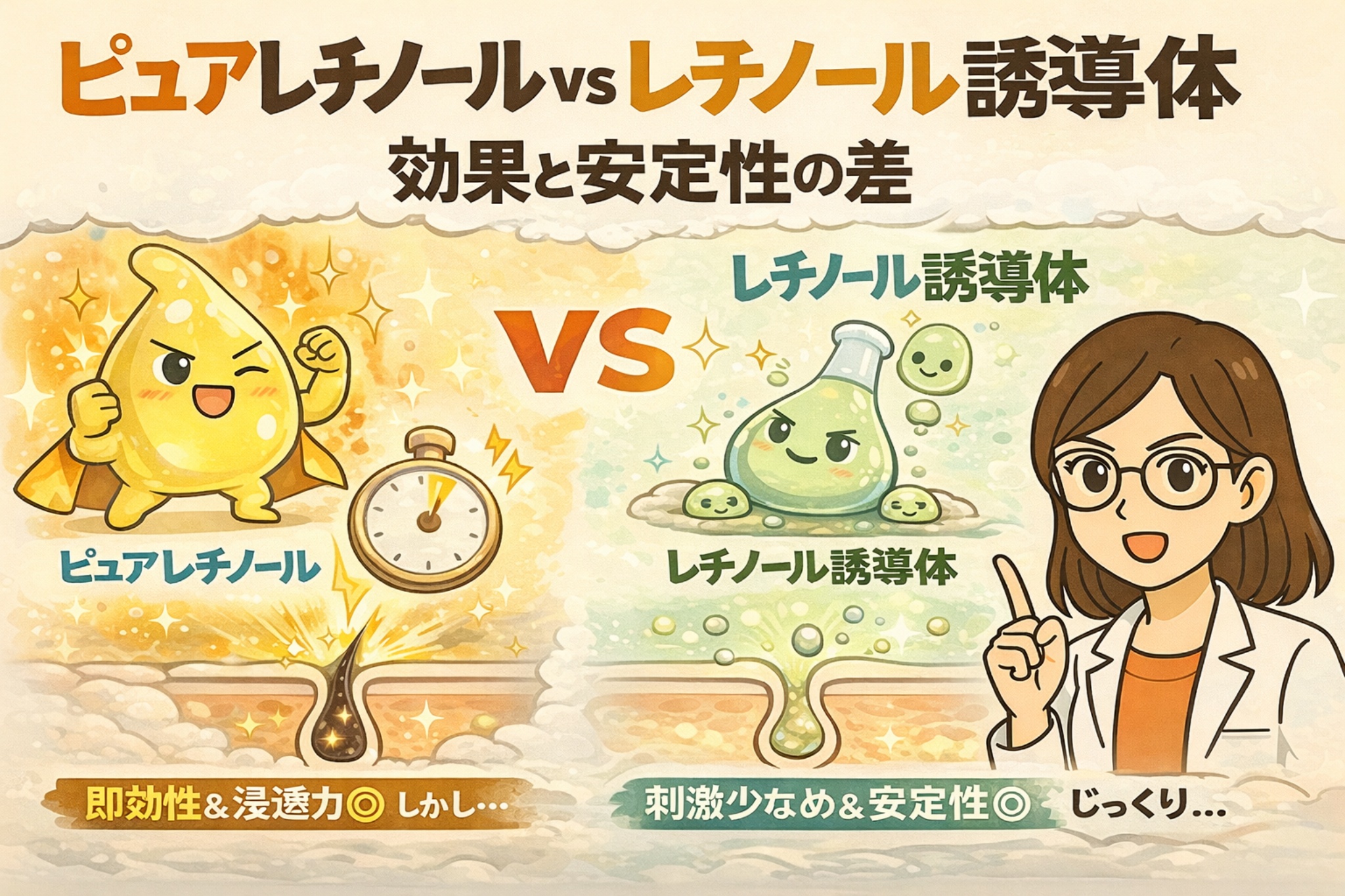ピュアレチノールとレチノール誘導体の違いを、効果の即効性と安定性の観点から比較した図解イラスト。即効性の高いピュアレチノールと、刺激が少なく安定したレチノール誘導体を擬人化キャラクターで対比している。
