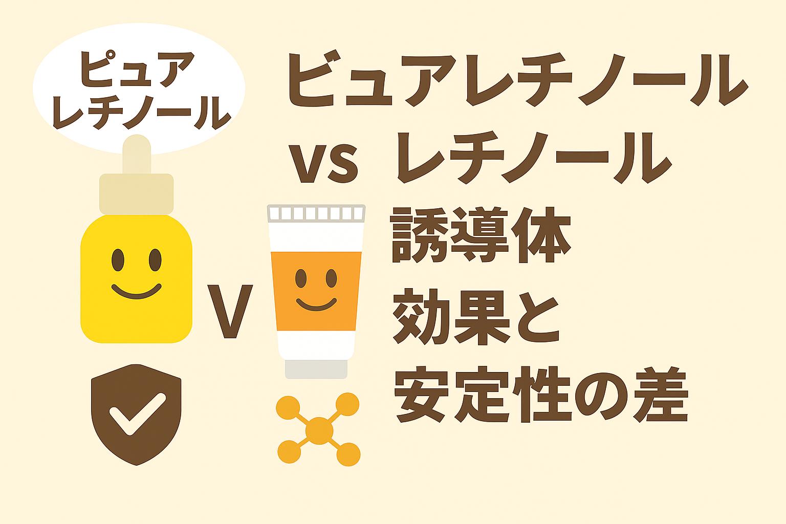 ピュアレチノールのボトルとレチノール誘導体のチューブを対比させ、下に「効果」と「安定性」を示すアイコンを配置したフラットデザインのイラスト。右側に「ピュアレチノール vs レチノール誘導体──効果と安定性の差」と太字タイトルを記載したアイキャッチ。