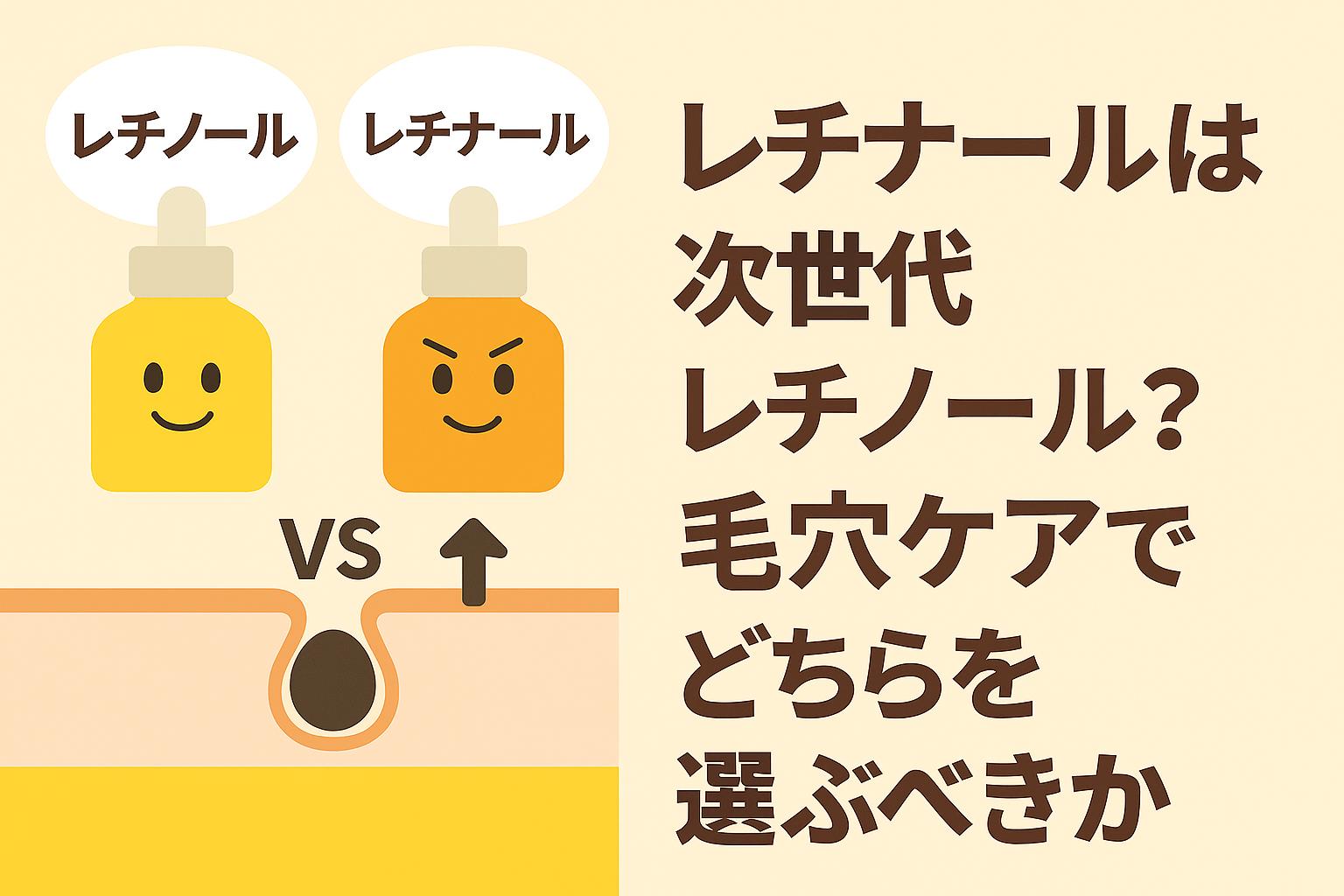 レチノールとレチナールを擬人化したボトルキャラクターが並び、毛穴断面図と「VS」表記で比較。右側に「レチナールは次世代レチノール？毛穴ケアでどちらを選ぶべきか」と太字タイトルを配置したアイキャッチ。