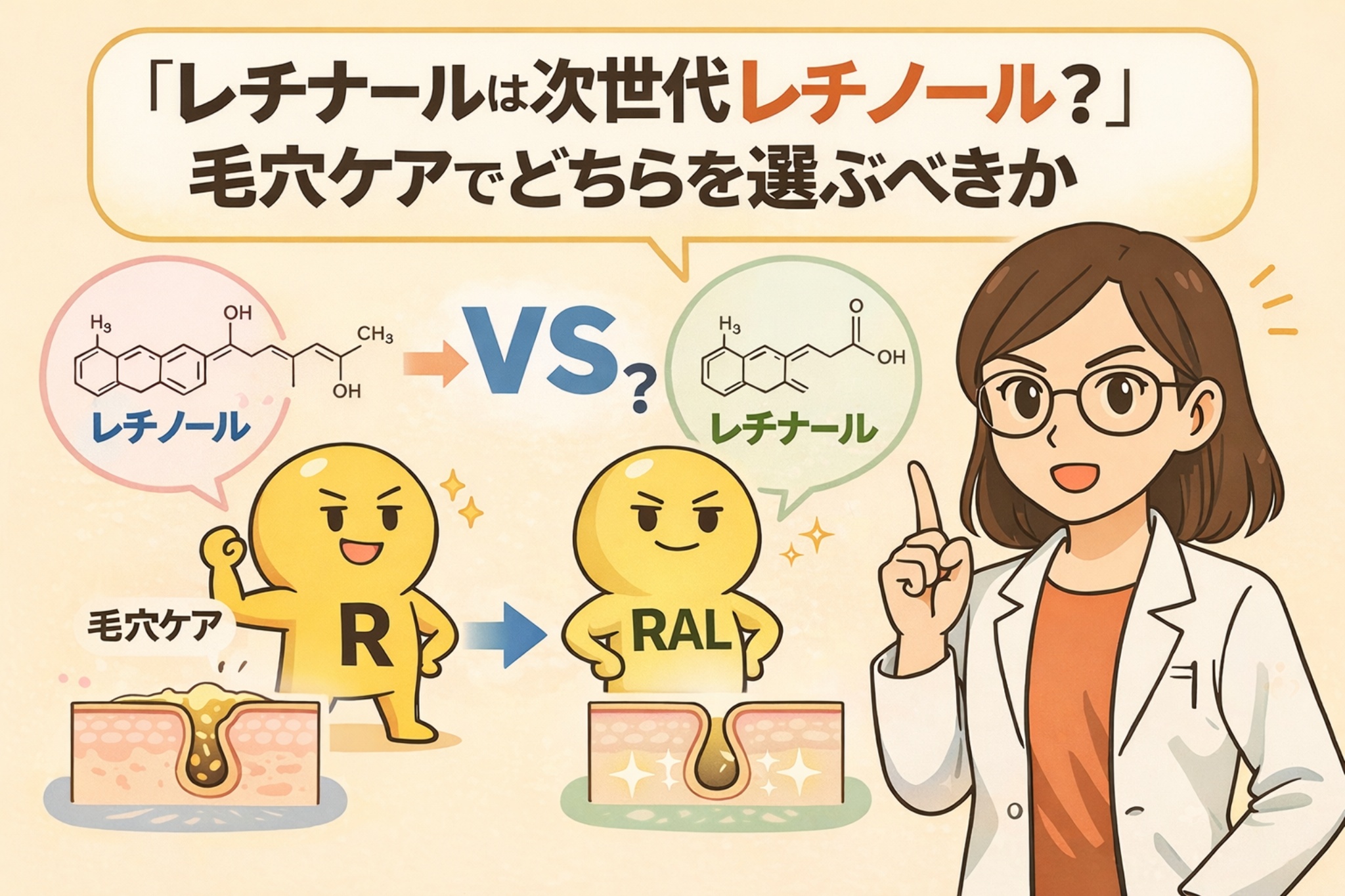 レチナールとレチノールの違いを毛穴ケア視点で比較したイラスト。白衣の女性が解説し、レチノール(R)とレチナール(RAL)の構造式や作用イメージ、毛穴への影響を対比している。
