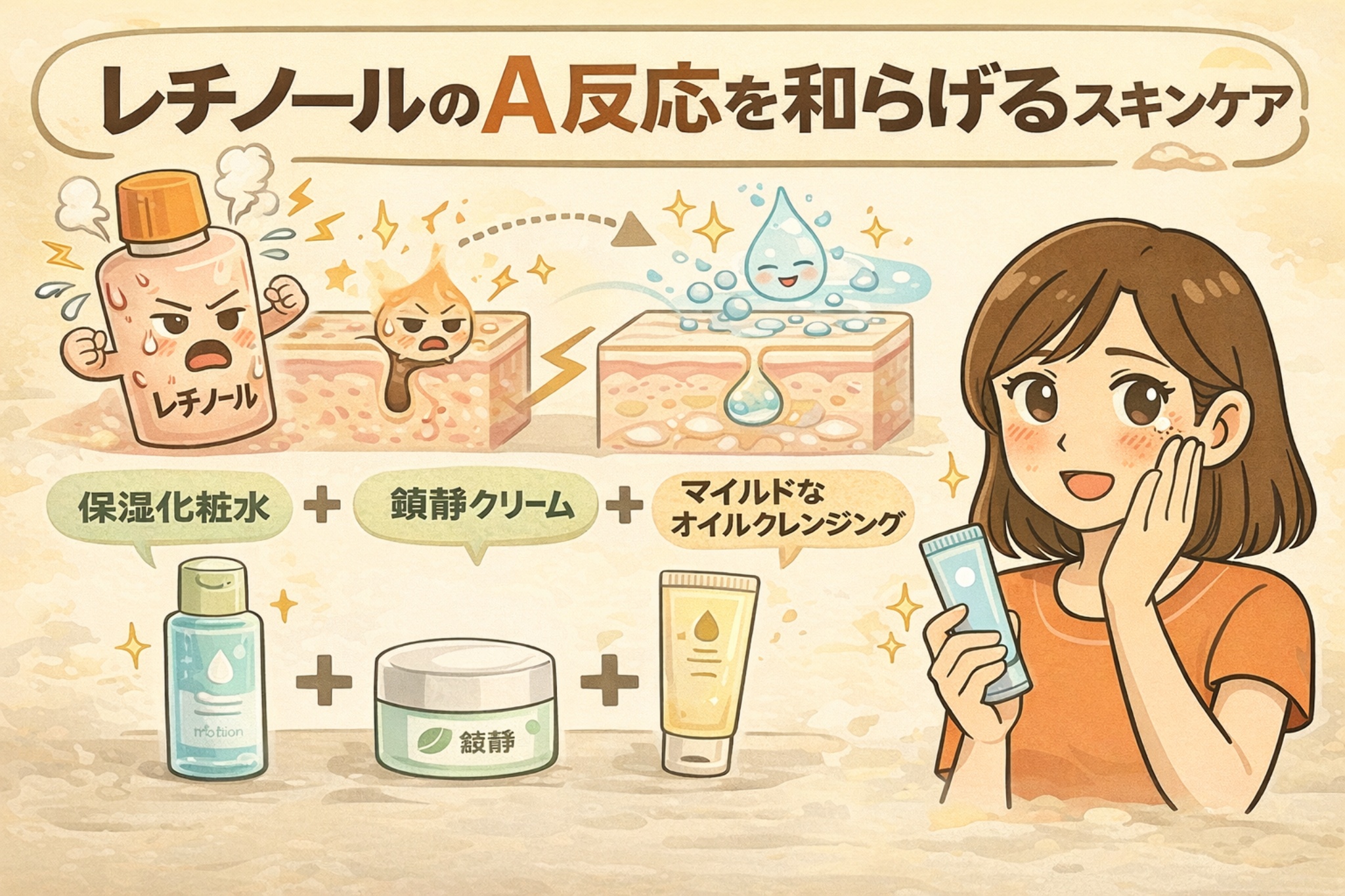 レチノール使用時に起こるA反応を和らげるスキンケア方法を解説する図解イラスト。刺激を受けて荒れる肌と、保湿化粧水・鎮静クリーム・マイルドなオイルクレンジングによって落ち着いていく肌の対比を断面図で表現。右側にはスキンケアアイテムを手にした女性が、やさしいケアで肌を守る様子が描かれている。