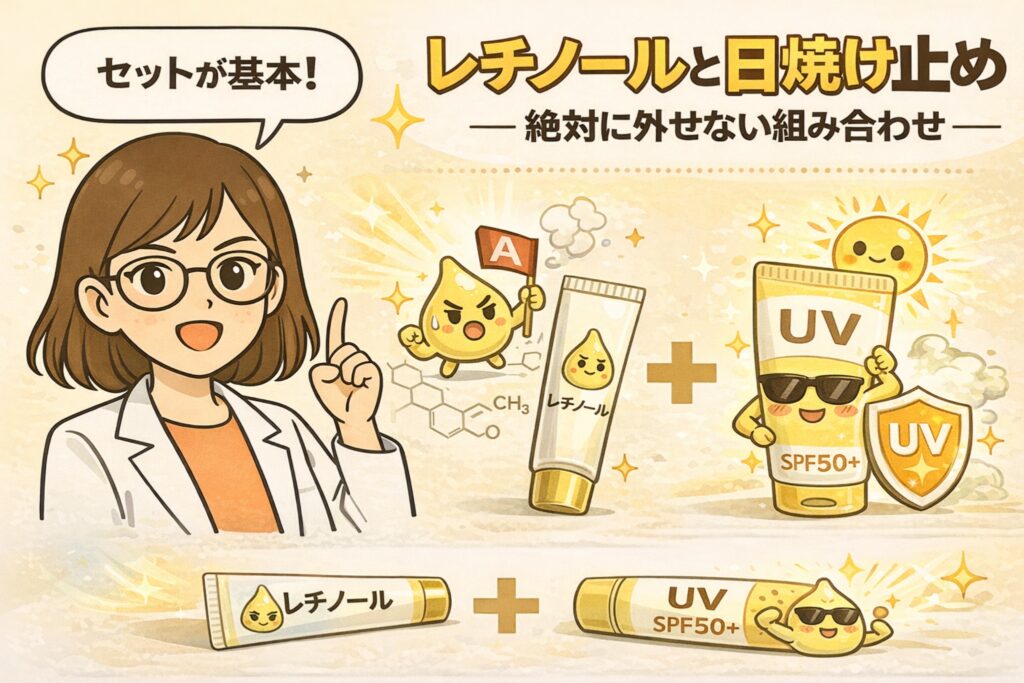レチノールと日焼け止めは必ずセットで使うべきことを解説したイラスト。白衣と眼鏡の女性キャラクターが「セットが基本！」と指差しで説明し、レチノール美容液とSPF50+の日焼け止めを組み合わせる図が描かれている。ビタミンAを示す擬人化キャラクターとUV対策アイコンも配置され、「絶対に外せない組み合わせ」を強調した淡いベージュ背景のアイキャッチ。