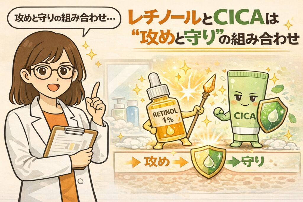 レチノールとCICAを「攻めと守りの組み合わせ」として解説した図解イラスト。レチノールは肌を整える攻めのケア、CICAは刺激を抑えて肌を守る守りのケアとして擬人化され、併用することでバランスの取れたスキンケアになることを白衣の女性が説明している。