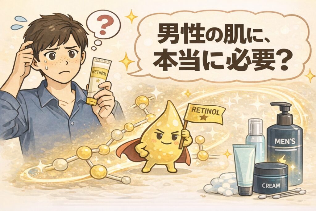 男性の肌にレチノールは本当に必要なのかを問いかける図解イラスト。左側には、レチノールのチューブを手に取り悩んだ表情の男性が描かれている。中央にはマントを着たレチノールの擬人化キャラクターが旗を掲げ、自信ありげに立っている。右側にはメンズ向けスキンケア用品（洗顔料、化粧水、クリームなど）が並び、男性特有の皮脂量や肌構造を踏まえたケアの必要性を示唆している。「男性の肌に、本当に必要？」という問いを通じて、レチノールの役割を分かりやすく伝える構成になっている。