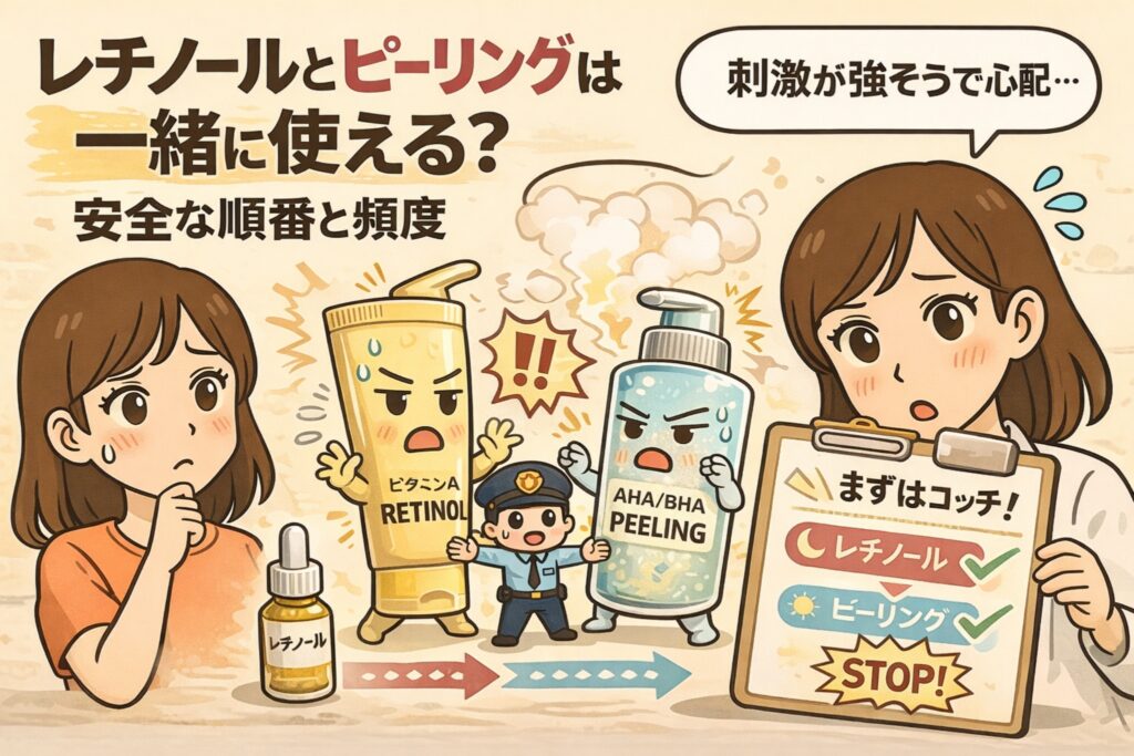 レチノールとピーリングを一緒に使えるかどうかを、安全な順番と使用頻度の観点から解説した図解イラスト。刺激を心配する女性と、レチノールとAHA/BHAピーリングの併用ルールを示す構図で表現している。