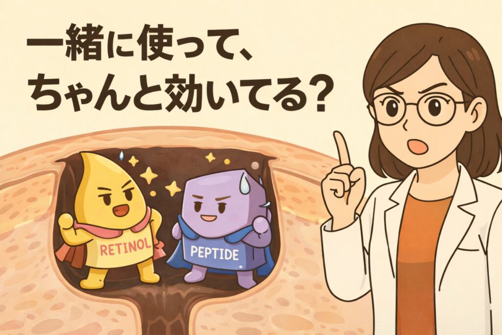 レチノールとペプチドを一緒に使ったとき、本当に効果が出ているのかを問いかける図解イラスト。左側には毛穴断面の中で、マントを着たレチノールとペプチドの擬人化キャラクターが並び、互いに働こうとしている様子が描かれている。右側には白衣を着た女性の専門家が指を立てて解説するポーズで立っており、「一緒に使って、ちゃんと効いてる？」という見出しが配置されている。成分の併用と実効性を視覚的に考えさせる構図になっている。