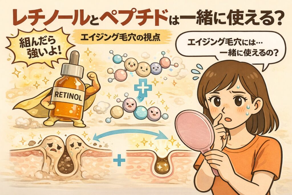 レチノールとペプチドは一緒に使えるのかを、エイジング毛穴の視点で解説するイラスト。ヒーロー風のレチノールと分子構造を表したペプチドを組み合わせ、毛穴断面図の変化を示しながら、併用の考え方に悩む女性の姿を描いている。