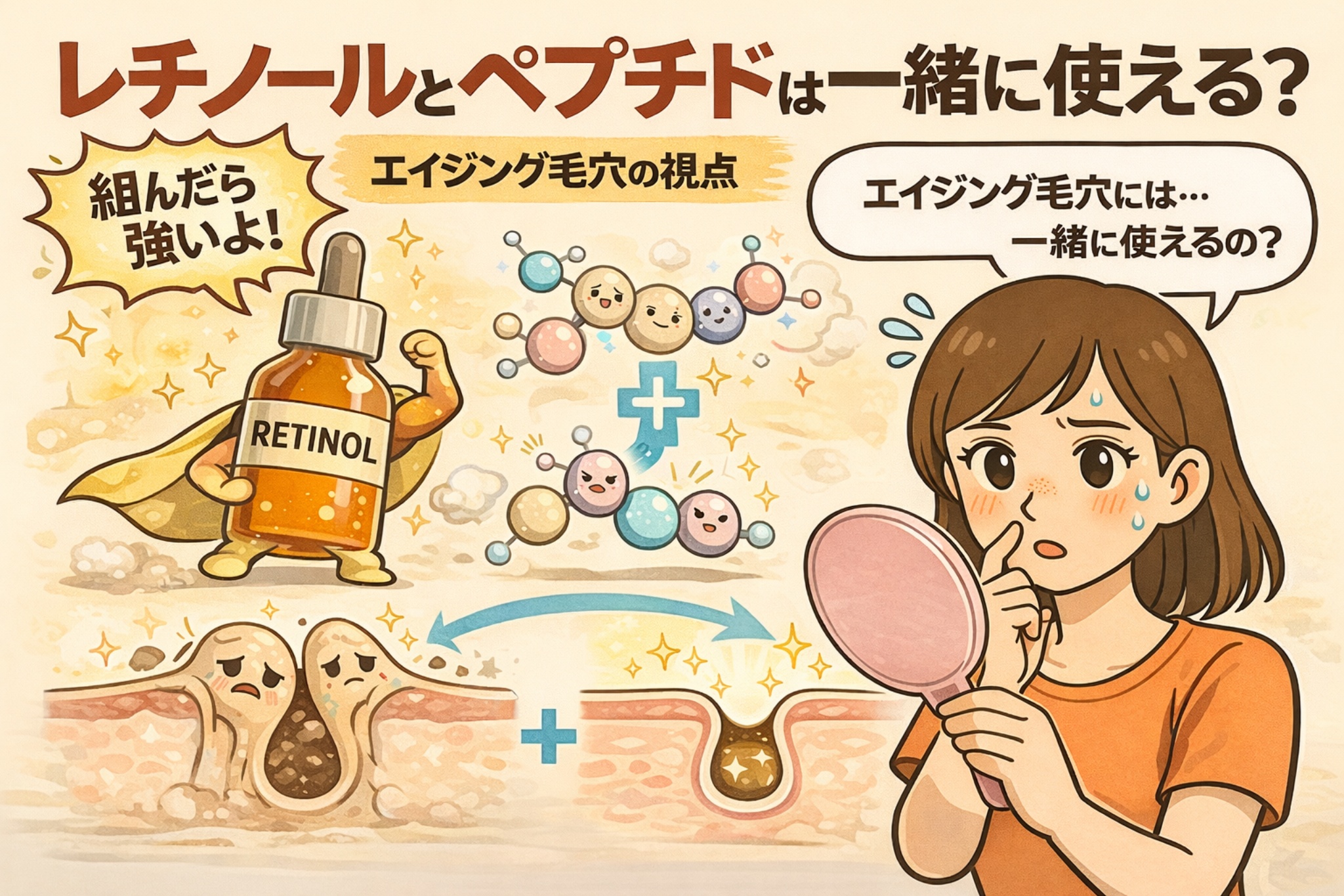 レチノールとペプチドは一緒に使えるのかを、エイジング毛穴の視点で解説するイラスト。ヒーロー風のレチノールと分子構造を表したペプチドを組み合わせ、毛穴断面図の変化を示しながら、併用の考え方に悩む女性の姿を描いている。