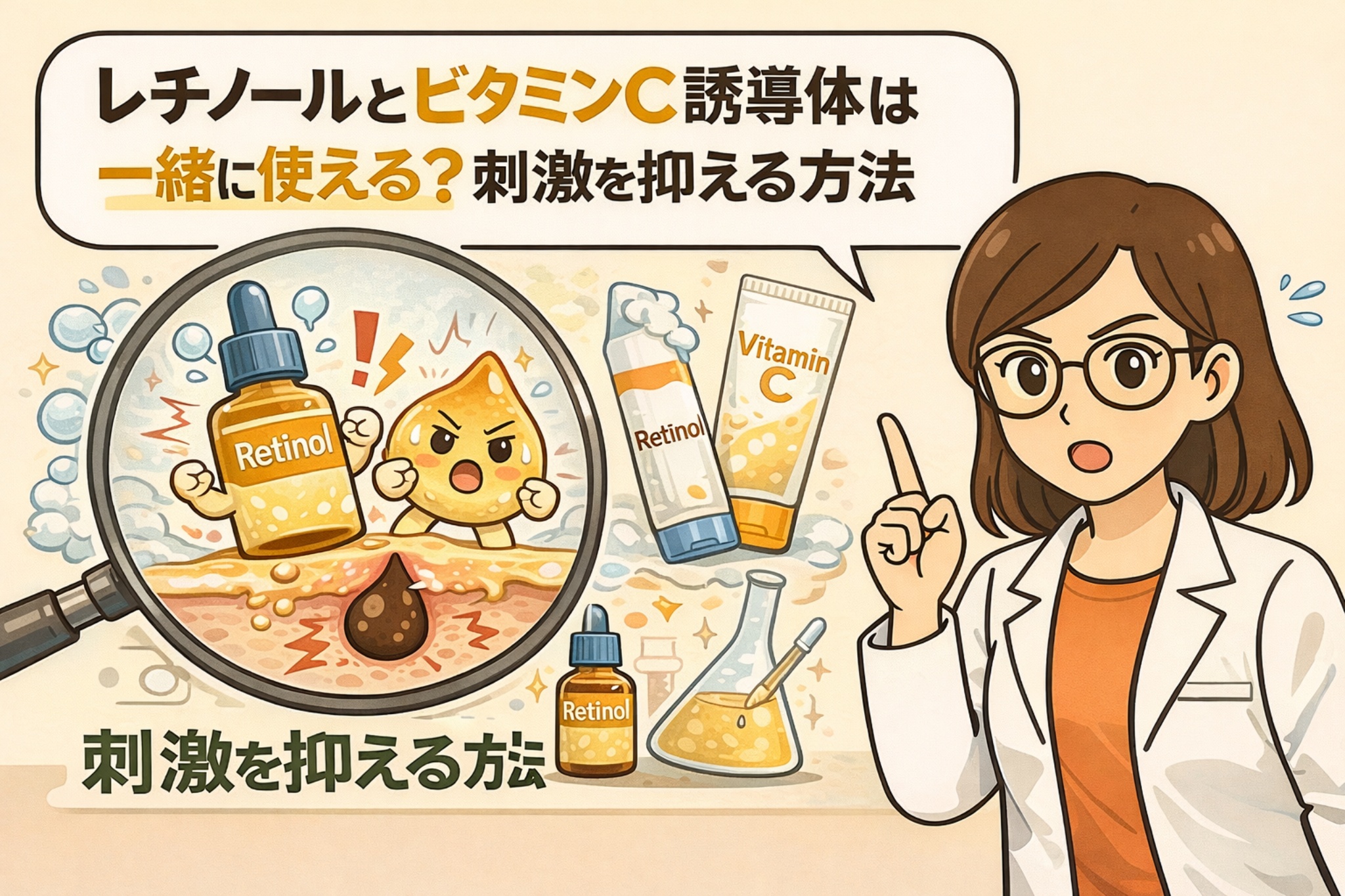 レチノールとビタミンC誘導体を一緒に使えるかを解説するイラスト。毛穴断面図の上で擬人化されたレチノールが刺激を与える様子を拡大図で示しつつ、白衣を着た女性が指差しで「刺激を抑える方法」を説明している。レチノールとビタミンC誘導体の併用による刺激リスクと、順番や使い分けによって負担を減らす考え方を視覚的に伝えている。