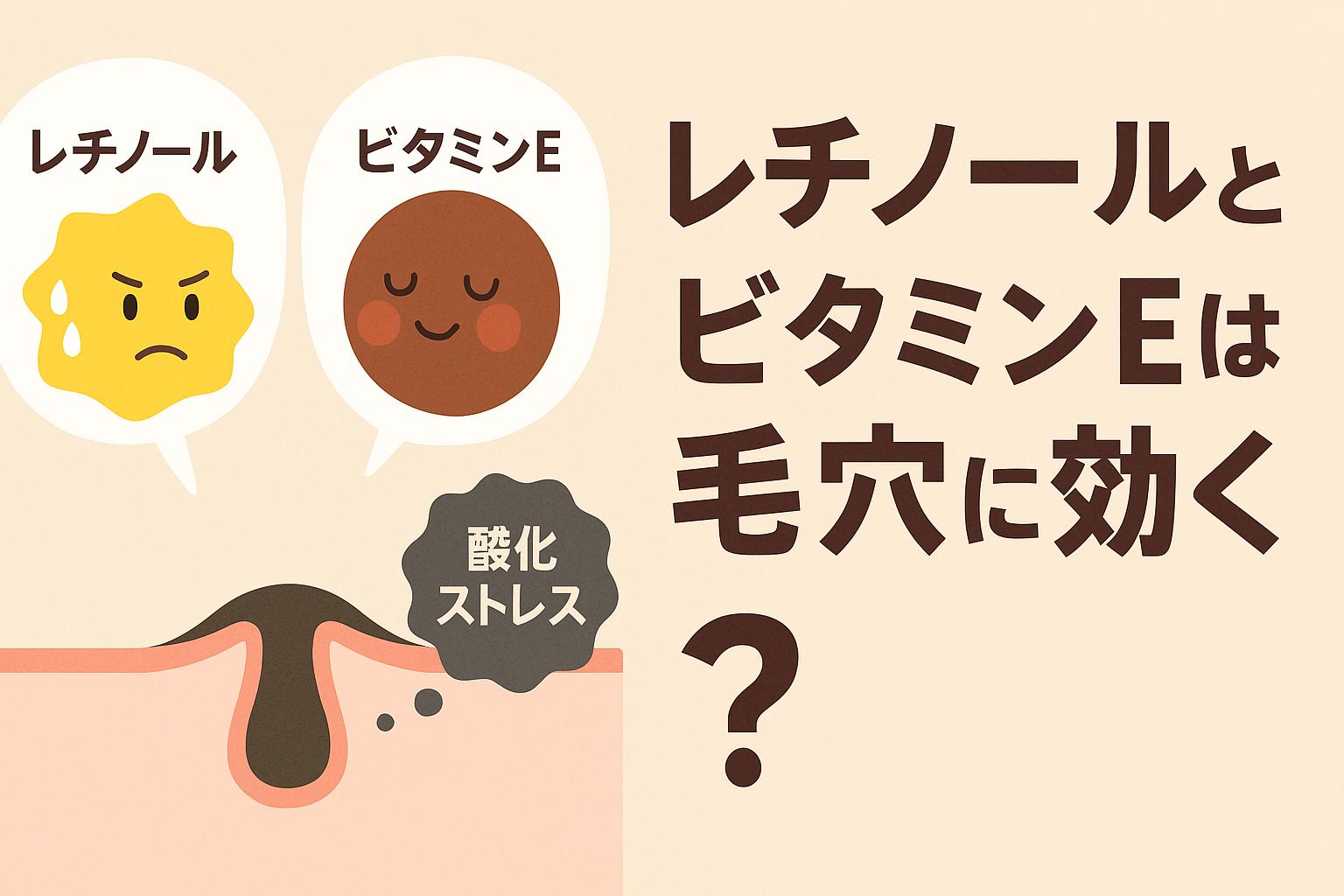 レチノールとビタミンEを擬人化したキャラクターが登場し、毛穴にたまる酸化ストレスを示す断面図とともに「レチノールとビタミンEは毛穴に効く？」と問いかけるアイキャッチイラスト。