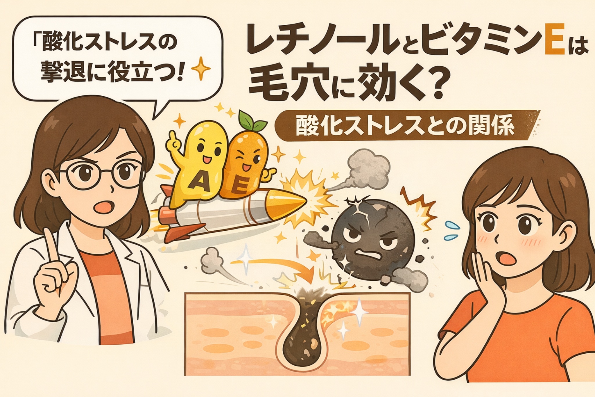 レチノールとビタミンEが毛穴にどう作用するかを、酸化ストレスとの関係から解説したイラスト。抗酸化作用により皮脂の酸化や毛穴詰まりを抑え、毛穴環境を整える仕組みを、成分キャラクターと毛穴断面図で示している。
