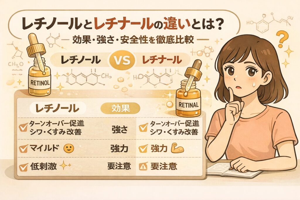 レチノールとレチナールの違いを比較したイラスト。効果の方向性は似ているが、強さや刺激感、安全性の考え方が異なる点を表で整理し、ターンオーバー促進やシワ・くすみケアの視点から、それぞれの特徴をわかりやすく解説している。