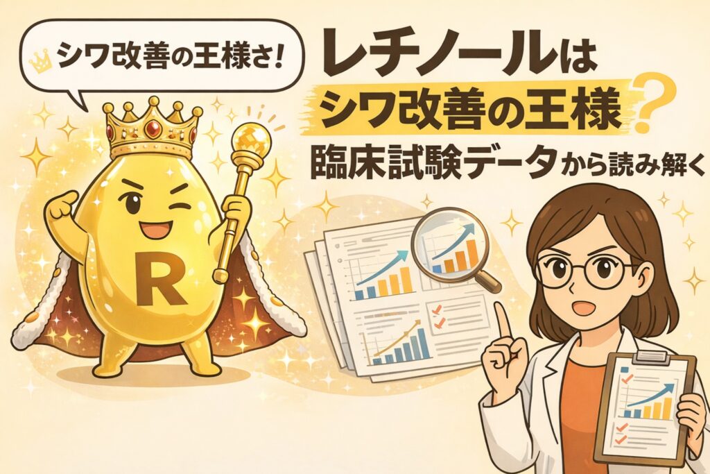 レチノールが「シワ改善の王様」と呼ばれる理由を臨床試験データから解説する図解イラスト。王冠をかぶったレチノール成分の擬人化キャラクターと、改善データを示すグラフ、白衣の女性の解説を組み合わせて表現している。