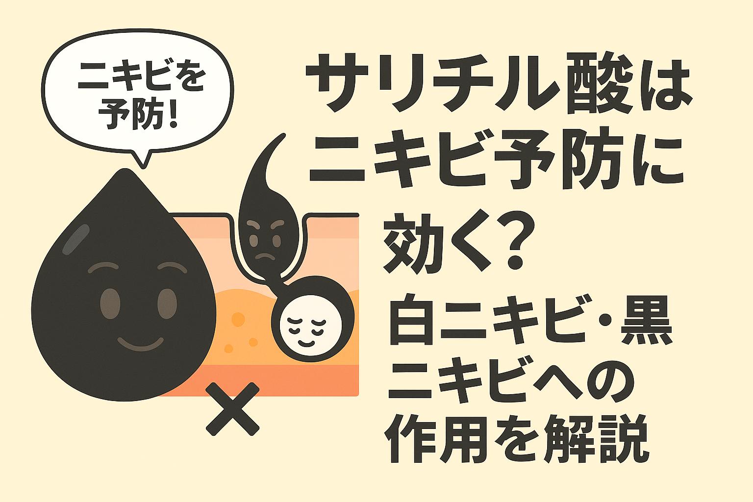 「サリチル酸がニキビ予防に効くかを説明するイラスト。黒いサリチル酸キャラが毛穴断面図の白ニキビ・黒ニキビキャラに作用している様子を描写。“サリチル酸はニキビ予防に効く？ 白ニキビ・黒ニキビへの作用を解説”という日本語タイトル付き。」